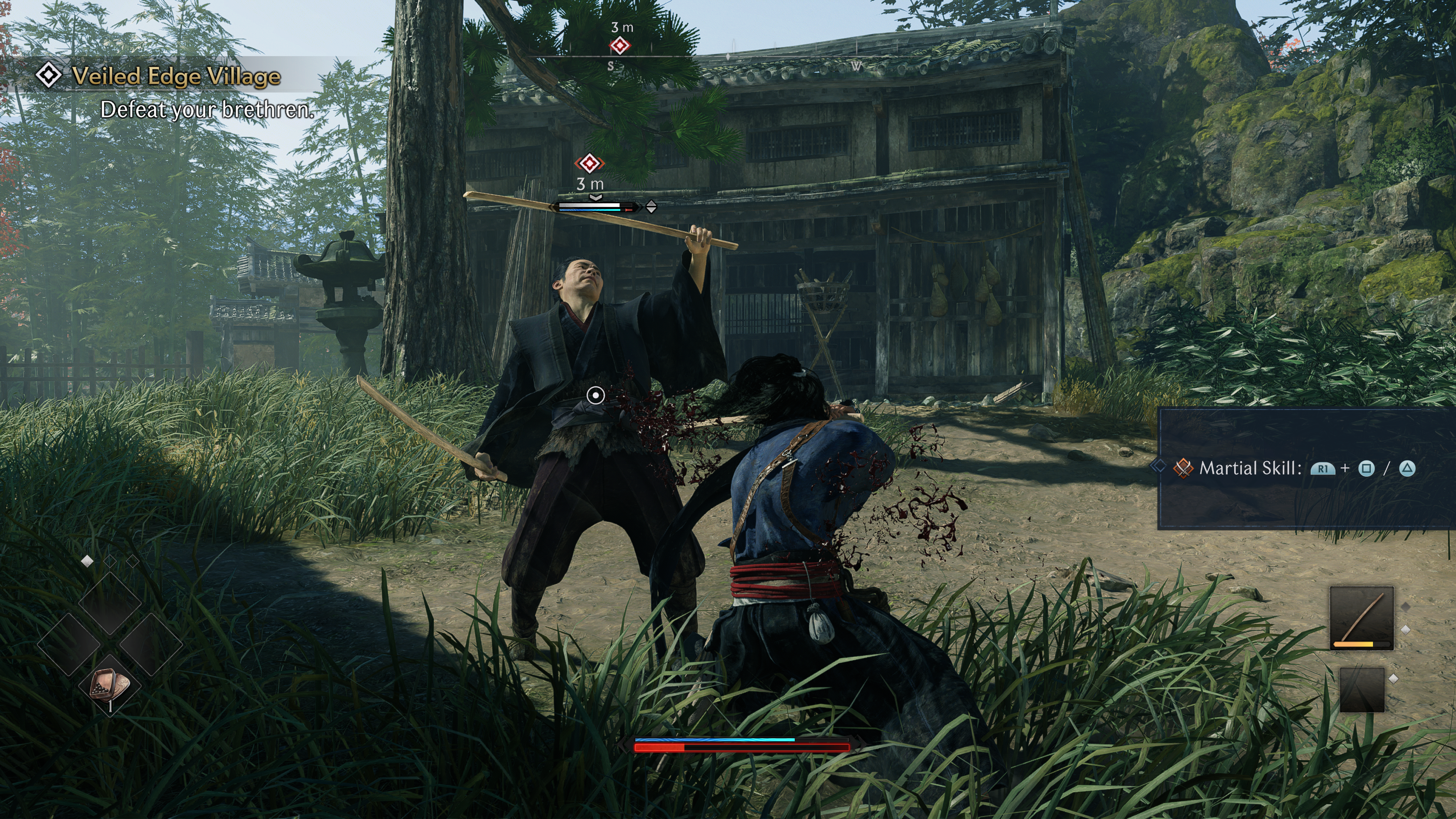 Capture d'écran officielle de Rise of the Ronin montrant un combat tutoriel alors qu'un ennemi est vaincu
