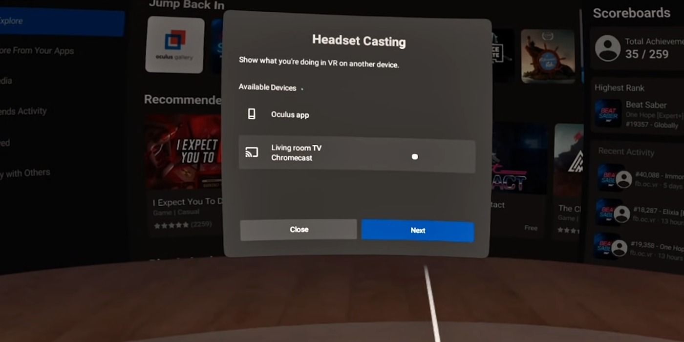 Seleccionando una ubicación de transmisión en tu visor Oculus Quest 2