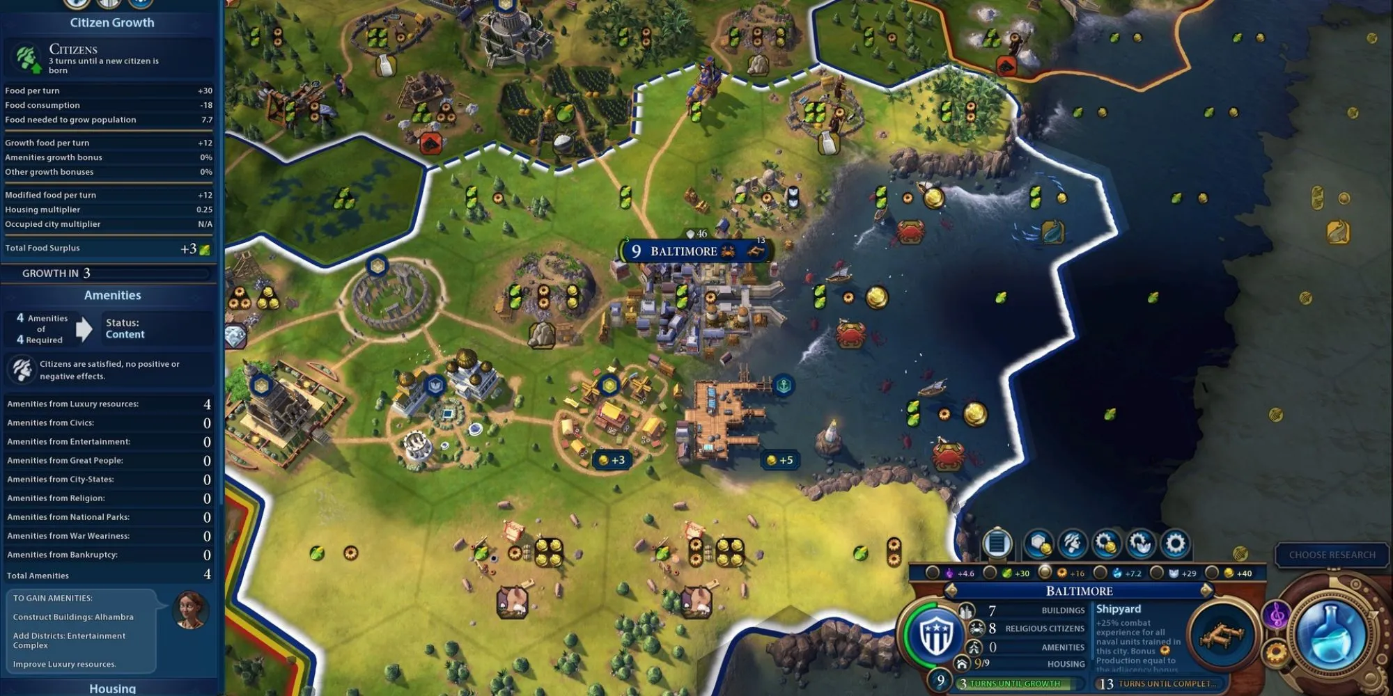 Un jugador observando la ciudad de Baltimore en Sid Meier's Civilization 6