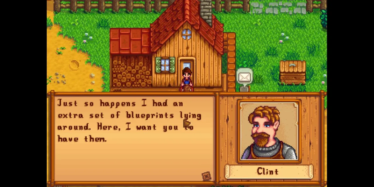 Clint dà al giocatore i progetti del suo forno