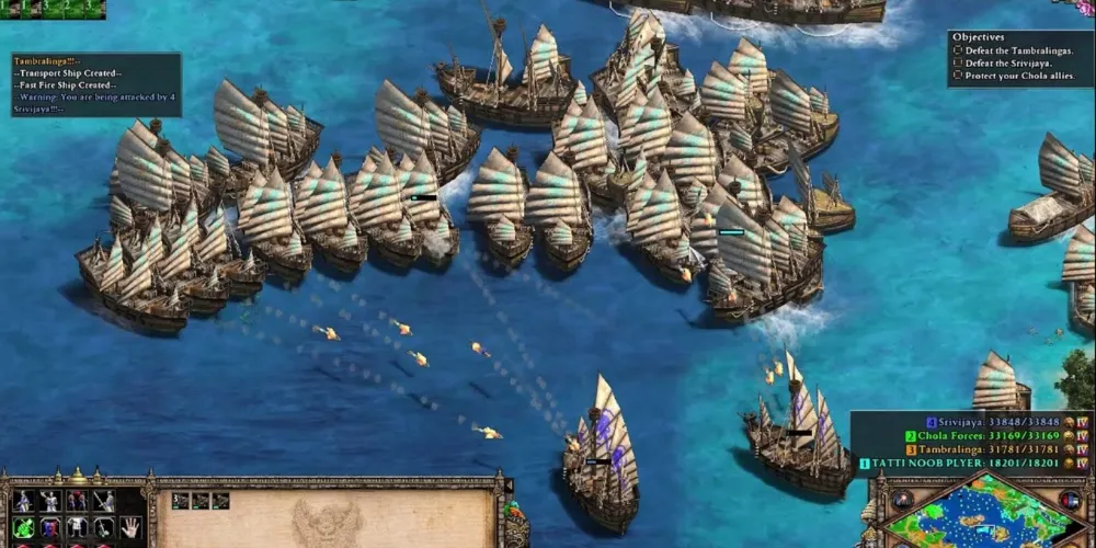 Un asedio naval con muchos barcos alineados y listos para disparar