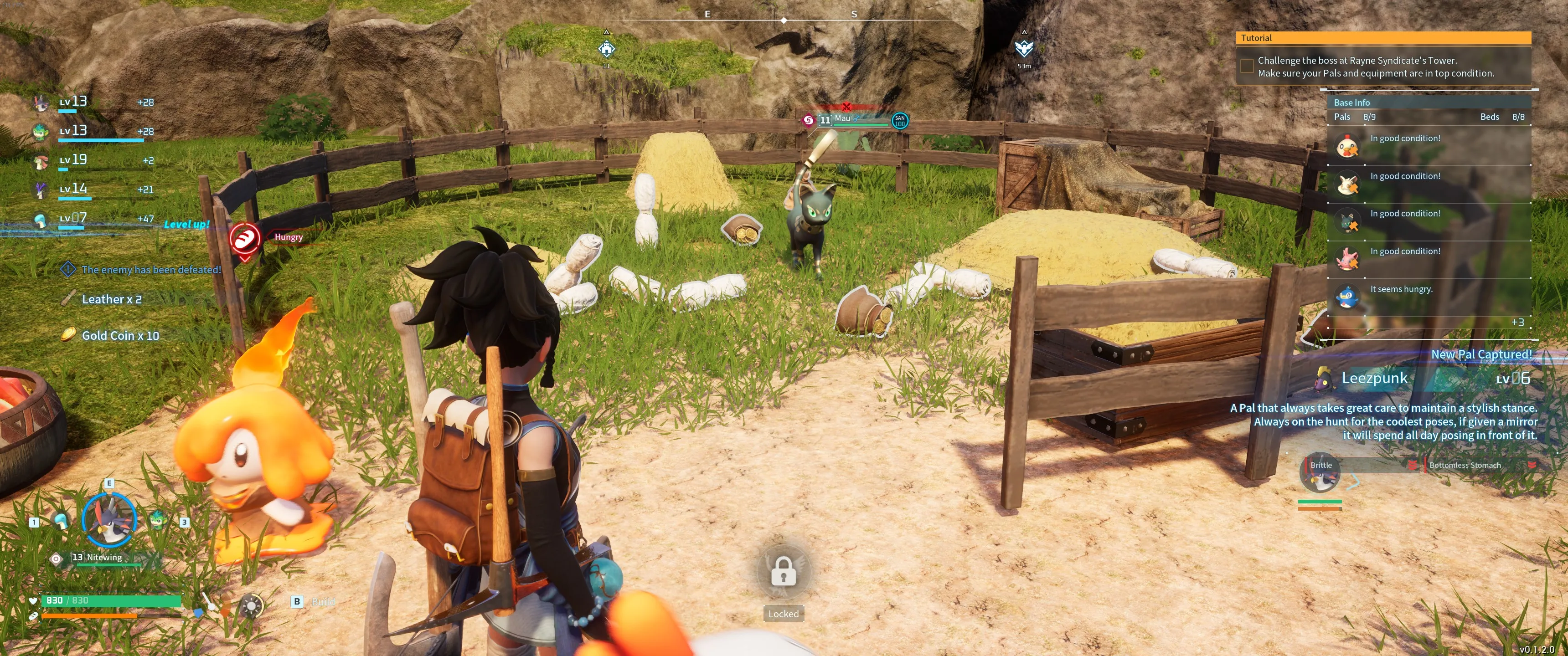 Palworld: Una imagen del personaje del jugador frente a la granja donde un Mau está cultivando oro