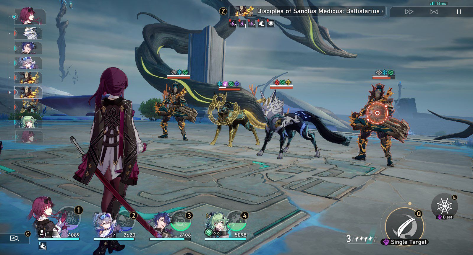 Le joueur affronte une paire d'ennemis semblables à des loups et des adversaires humanoïdes armés dans Honkai: Star Rail
