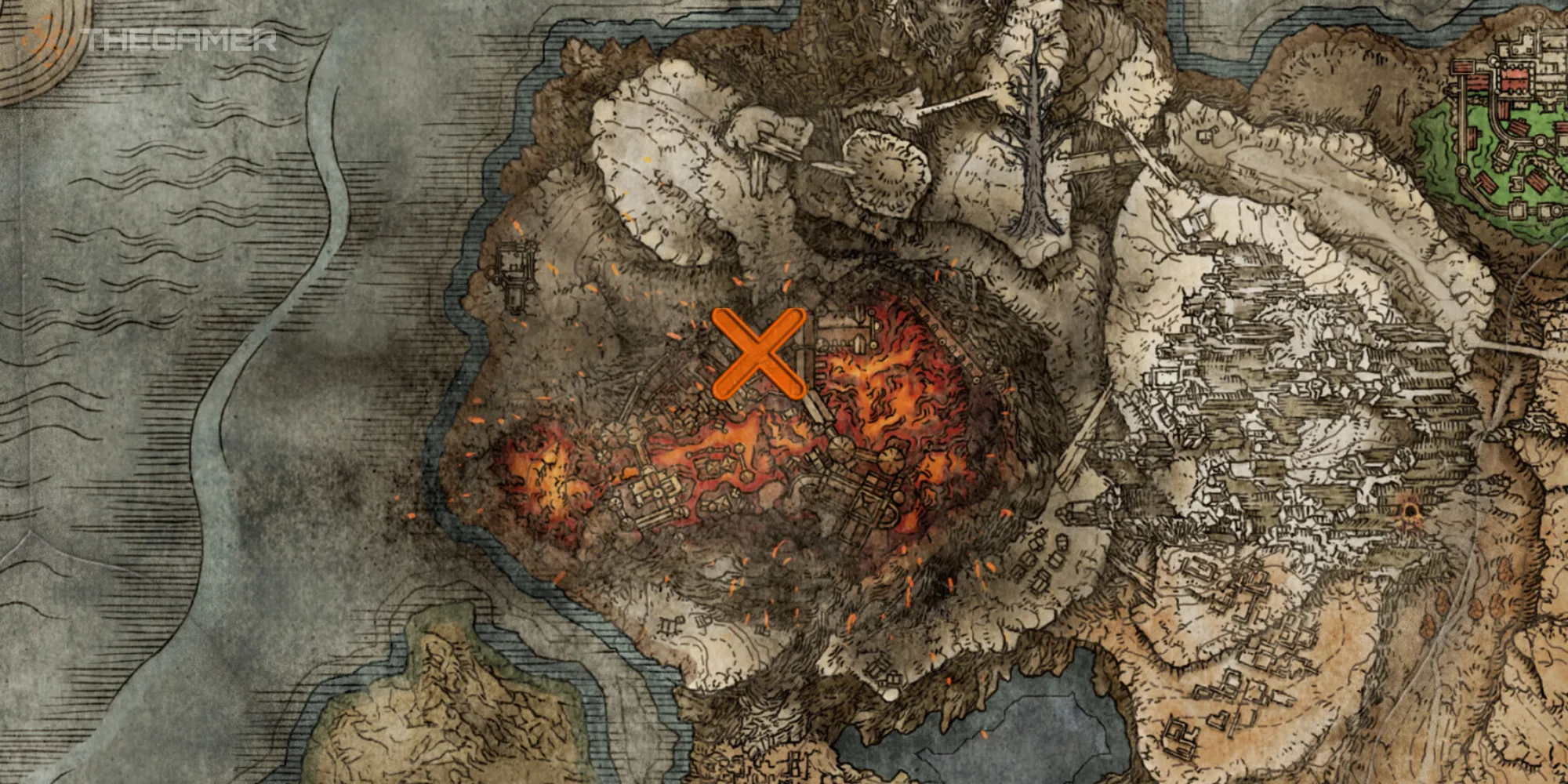 Mapa mostrando la ubicación de la hechicería Furia de Gelmir en la Mansión del Volcán en Elden Ring