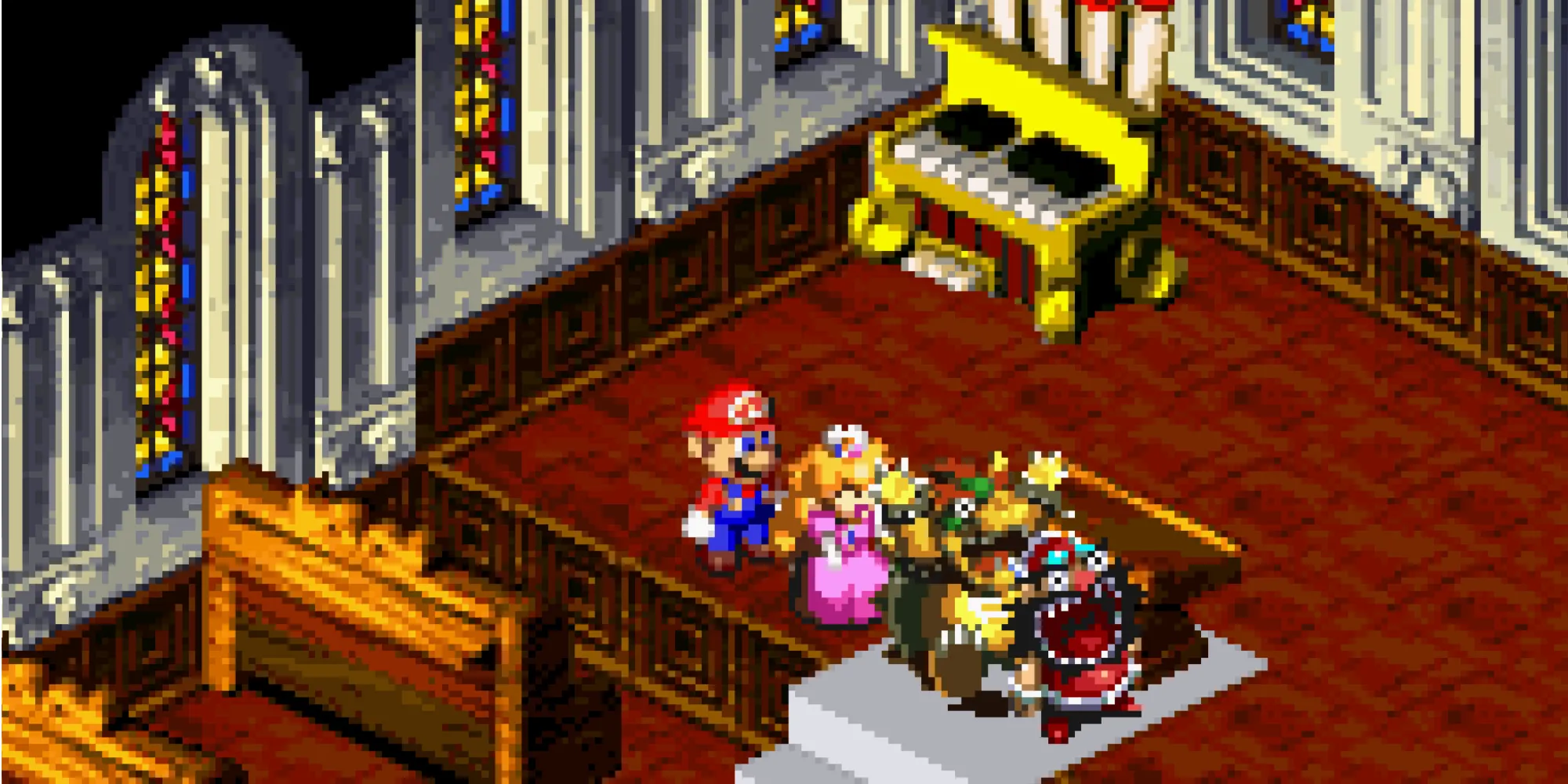 Una scena in cui i personaggi sono in una chiesa in Super Mario RPG