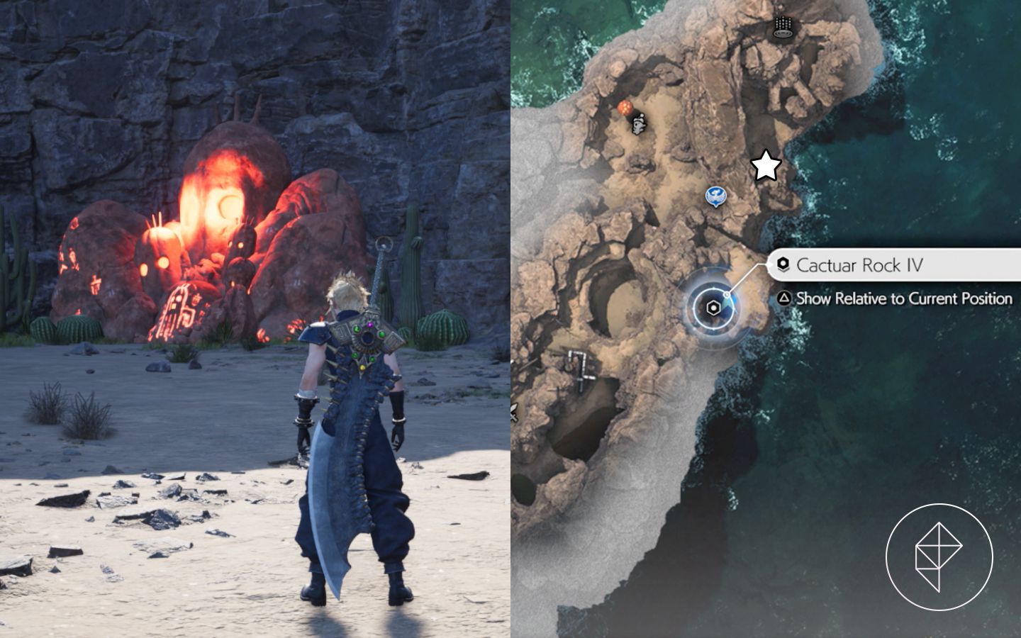 Cloud looks at a red glowing cactuar rock on the edge of a cliff in FF7 Rebirth.