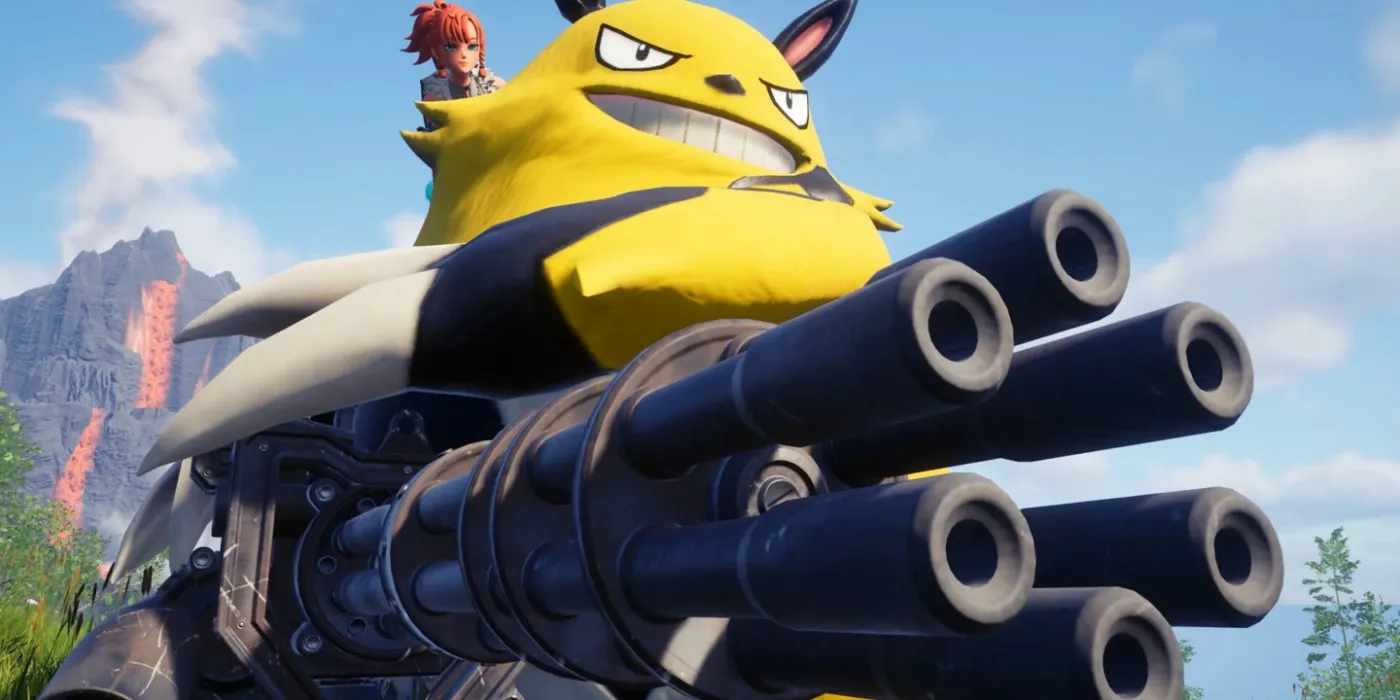 Un Pal amarillo grande de Palworld sosteniendo un gran arma con muchos cañones.