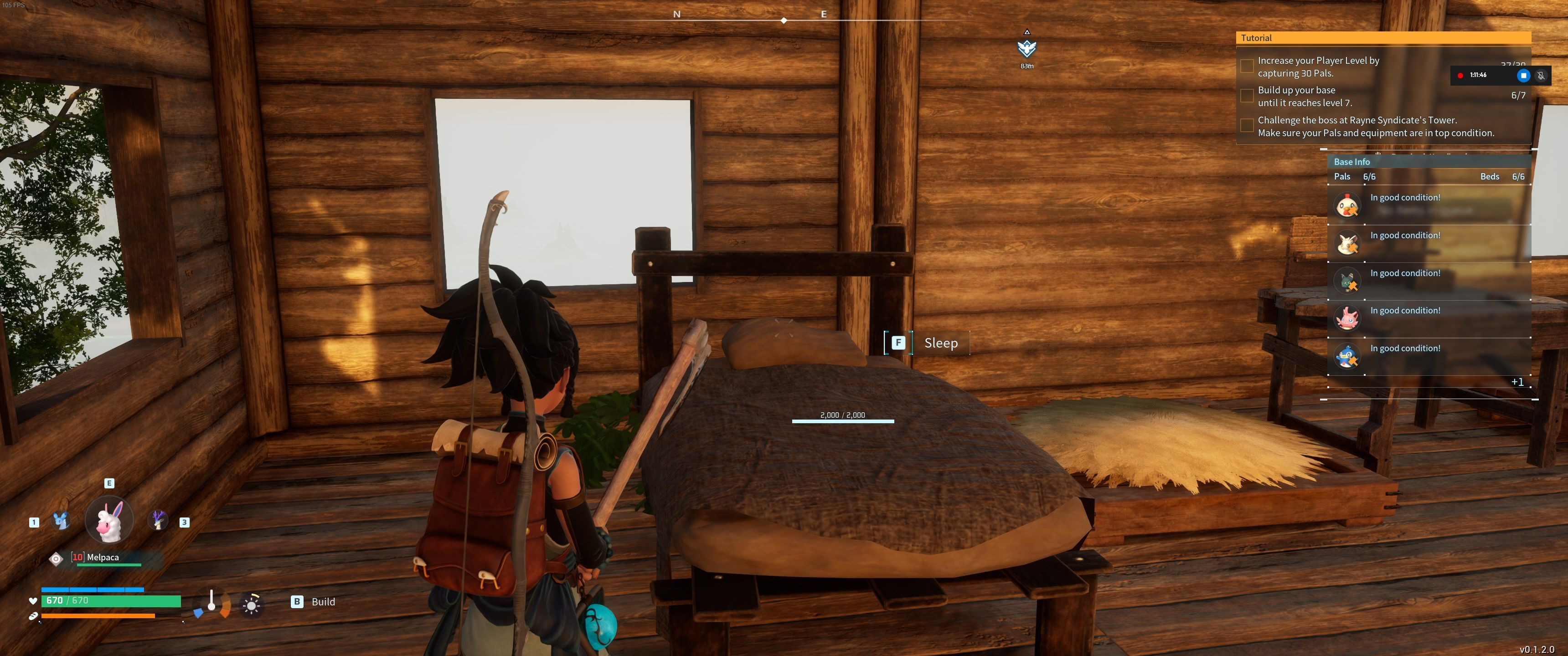 Palworld：玩家站在自己基地的一张破旧床前。