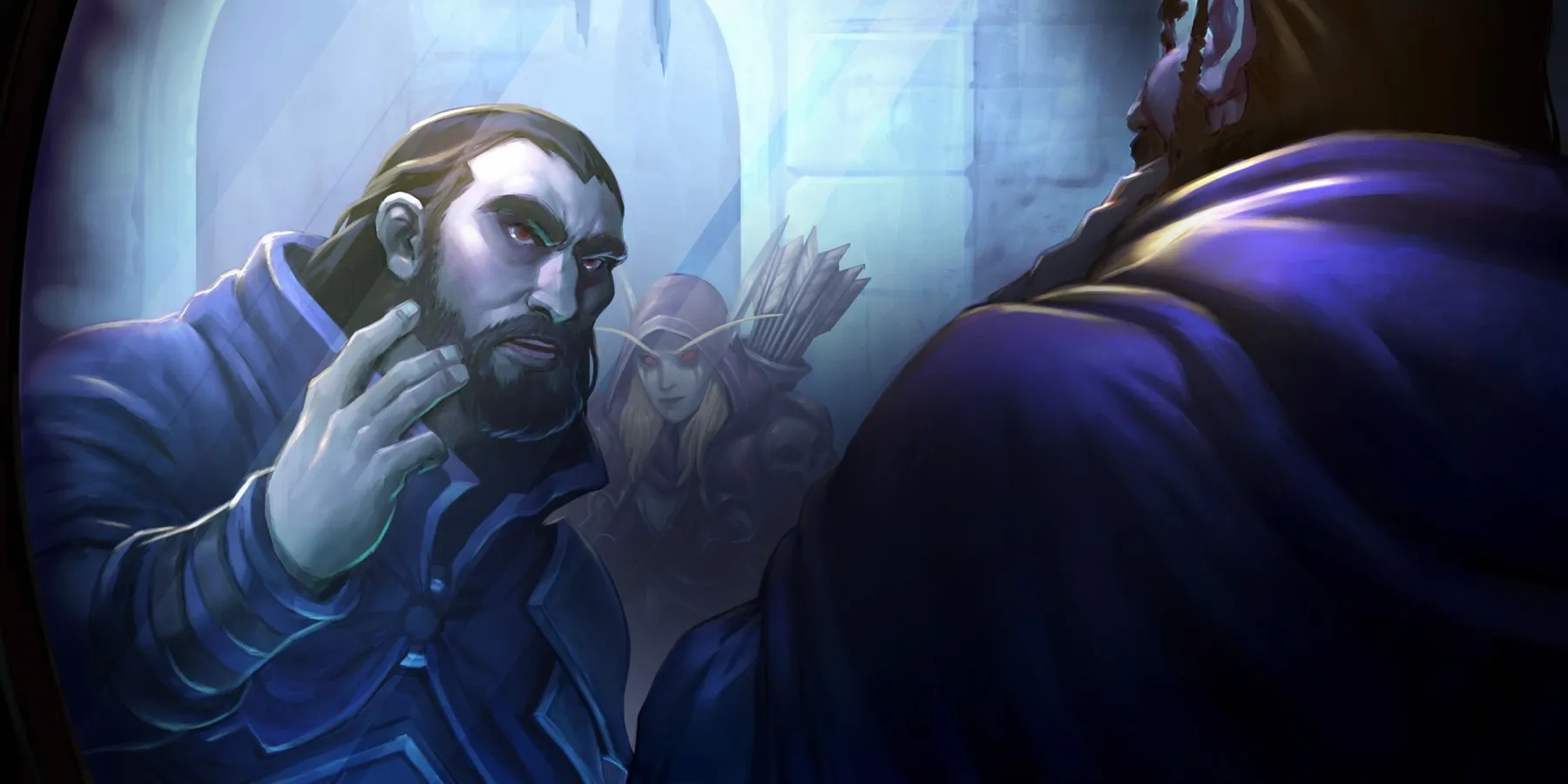 nathanos marris blightcaller from wow looking into a mirror with sylvanas behind him