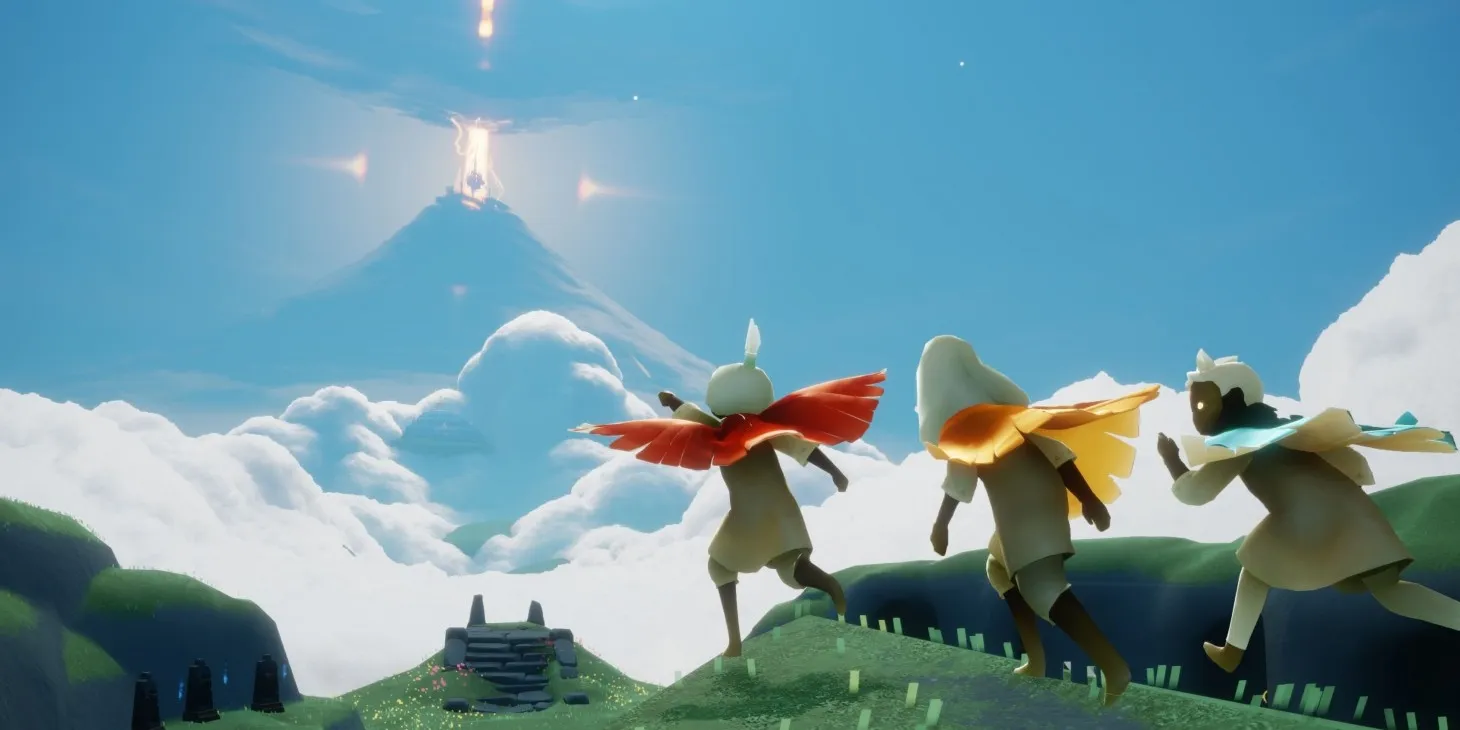 Tres personajes de Sky: Children of Light corriendo en un campo hacia una luz en el cielo
