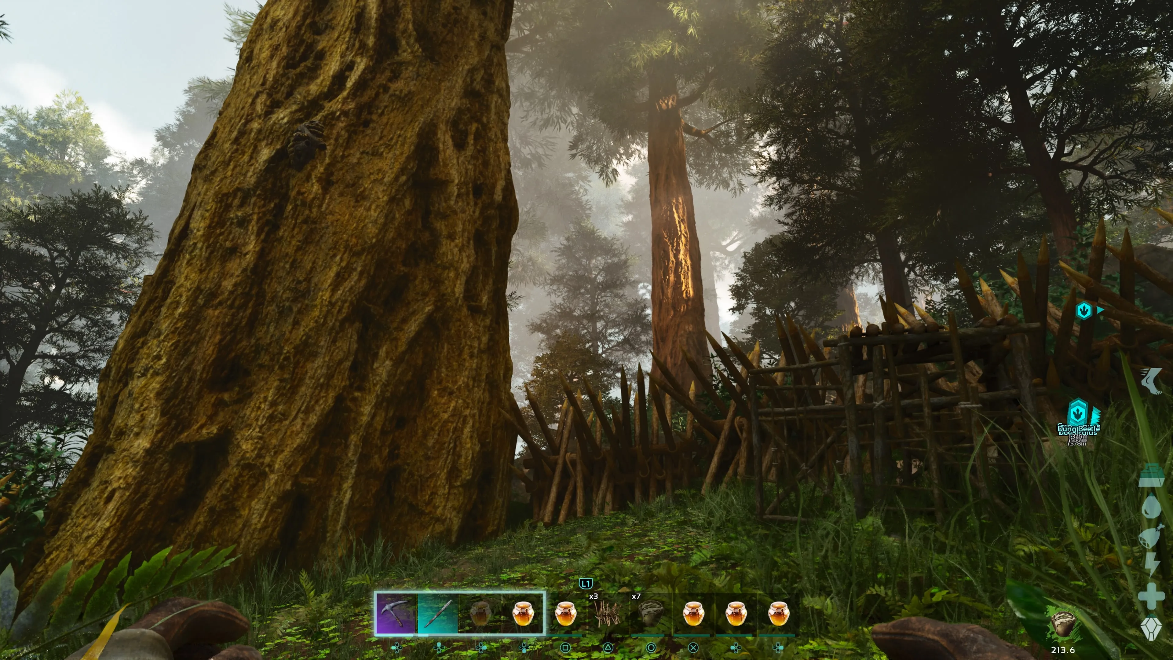 대나무 좌물쇠와 Ark: Survival Ascended의 나무 가시원으로 둘러싸인 벌집을 올려다 보는 플레이어 캐릭터