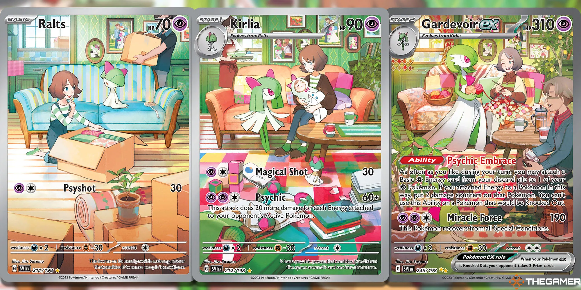 Carte Pokémon TCG di Ralts (Scarlet & Violet #211), Kirlia (Scarlet & Violet #212) e Gardevoir ex (Scarlet & Violet #245)