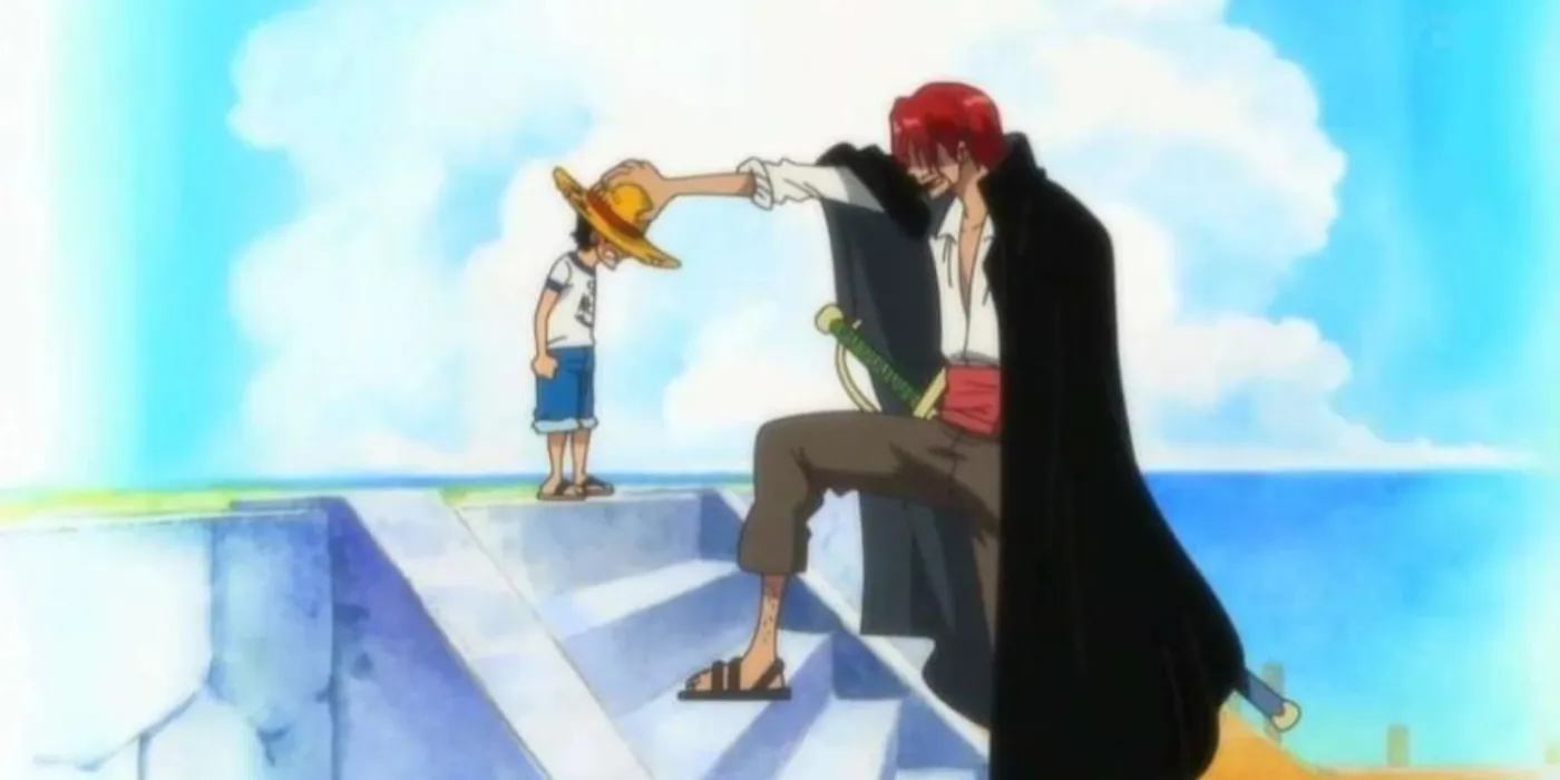 Shanks donne à Luffy son chapeau de paille après lui avoir sauvé la vie dans One Piece