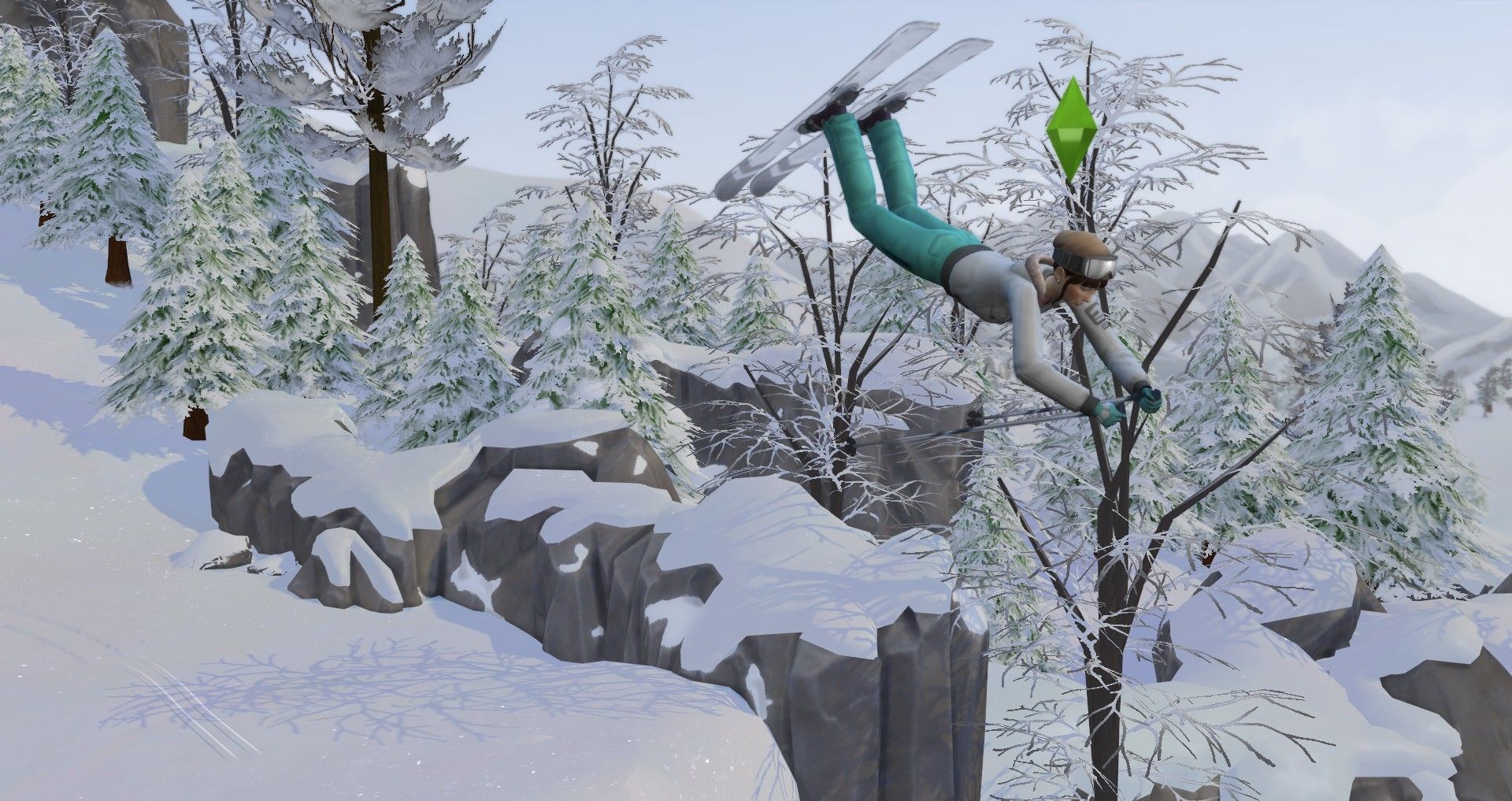 《模拟人生4：雪山冒险》中进行滑雪技巧的模拟人物