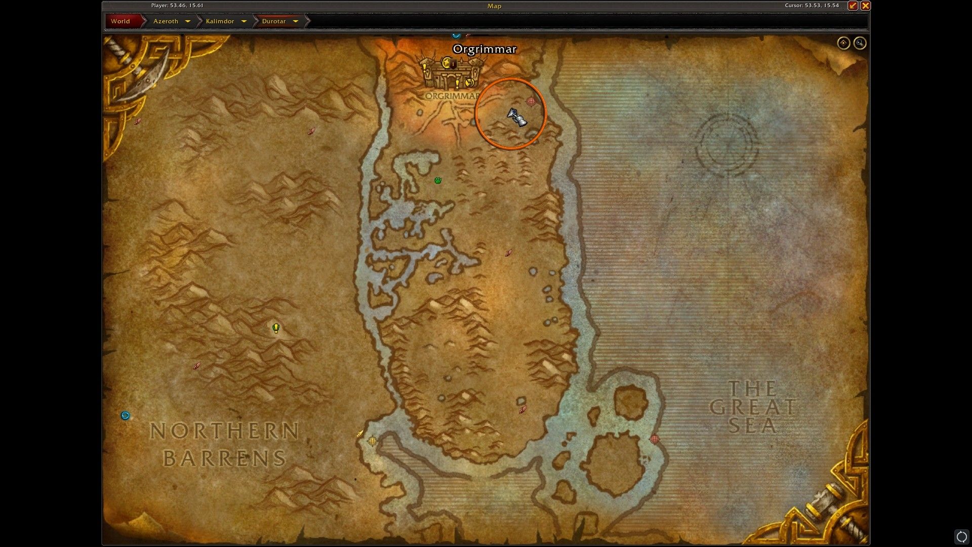 World of Warcraft のオーグリマーにおいてハースストーンイベントの位置を示す地図。