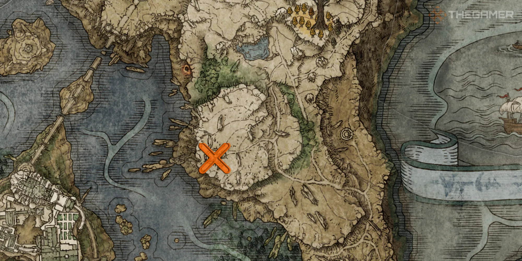在《埃尔登环》中显示《缘之神》教堂和米瑞尔NPC商人位置的地图