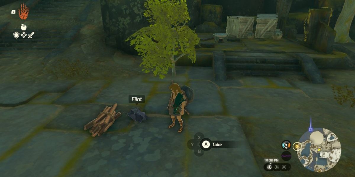 Link stands next to flint and wood in Tears of the Kingdom