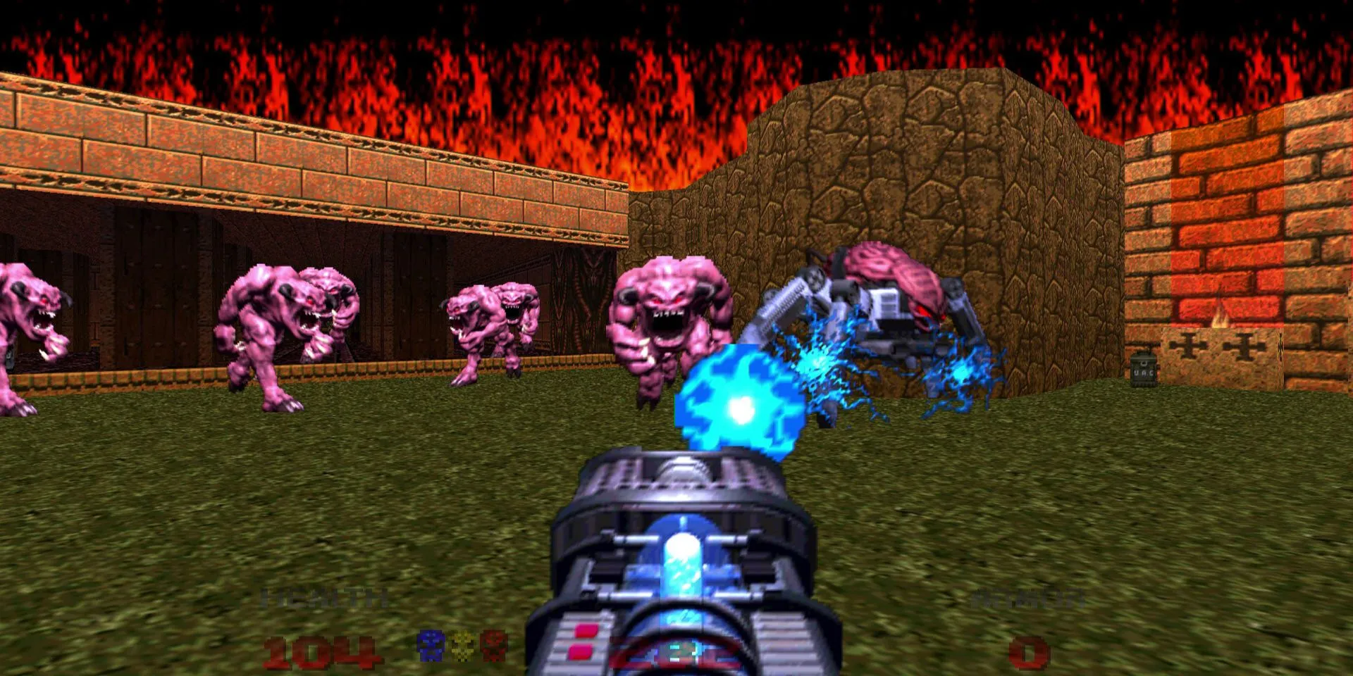 Использование оружия против нескольких врагов в игре Doom 64