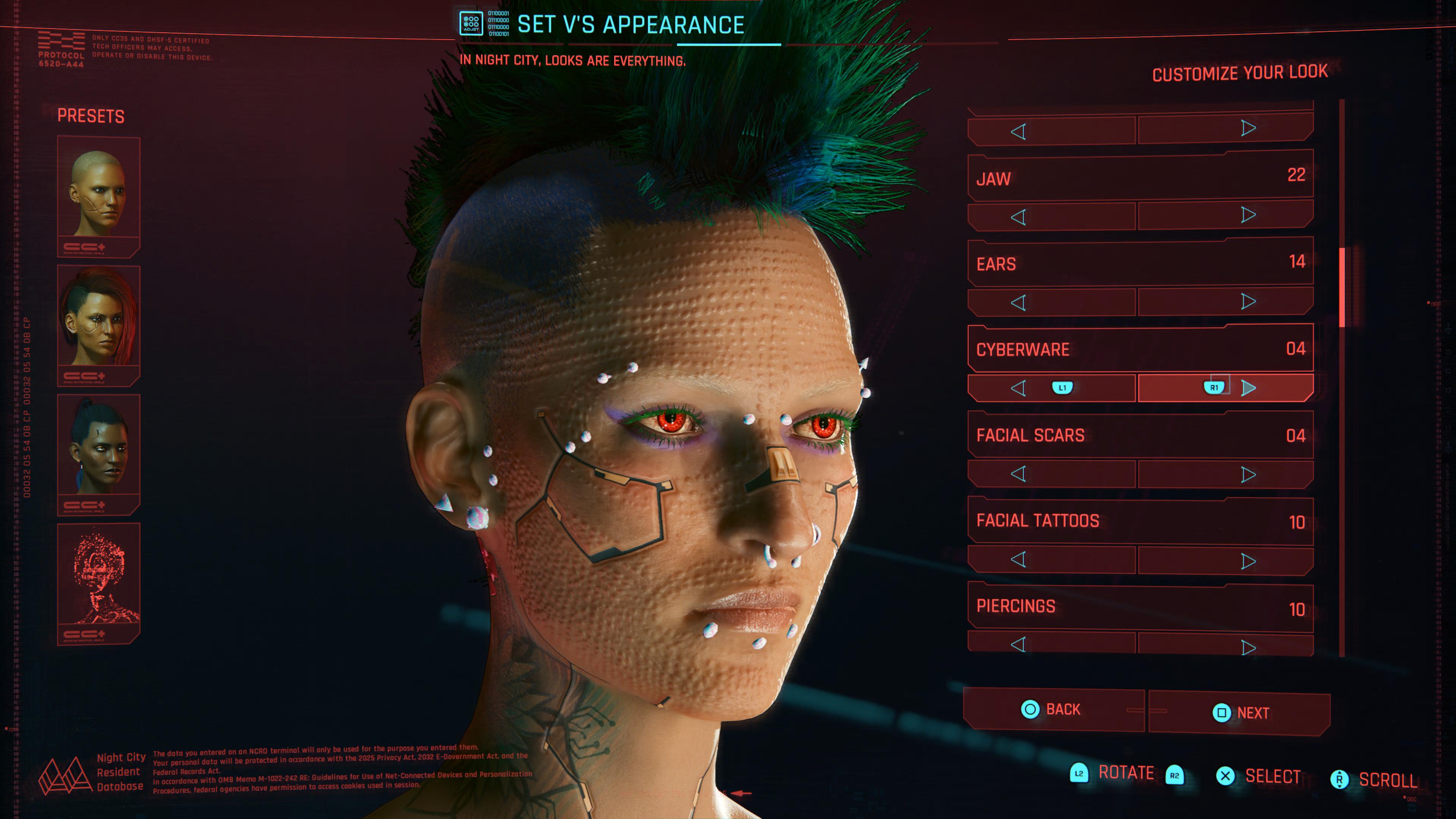 사이버펑크 2077 캐릭터 생성기 여성 V의 사이버웨어 옵션과 함께 가까이 본 이미지