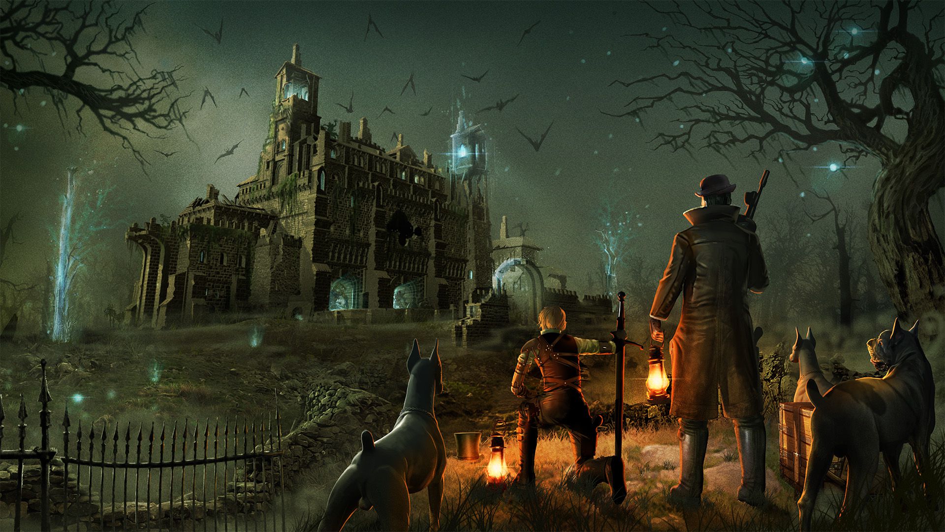 Una donna con una claymore e un uomo con una pistola Tommy si trovano accanto a tre cani da caccia. In lontananza, i pipistrelli fuggono da un'abbazia luminosa che sorge dalle brughiere.