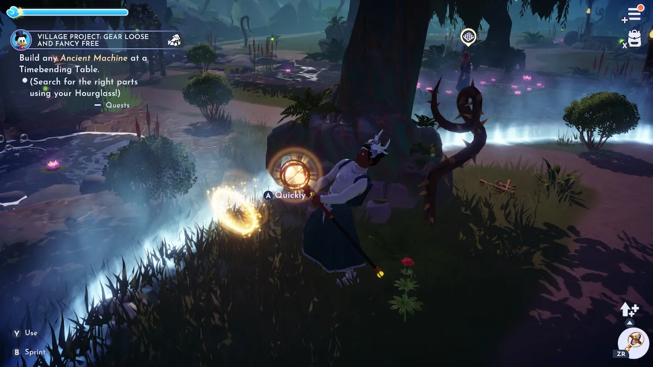Игровой персонаж вытаскивающий предмет из временной щели в Роще Доверия в Долине Мечты Disney.