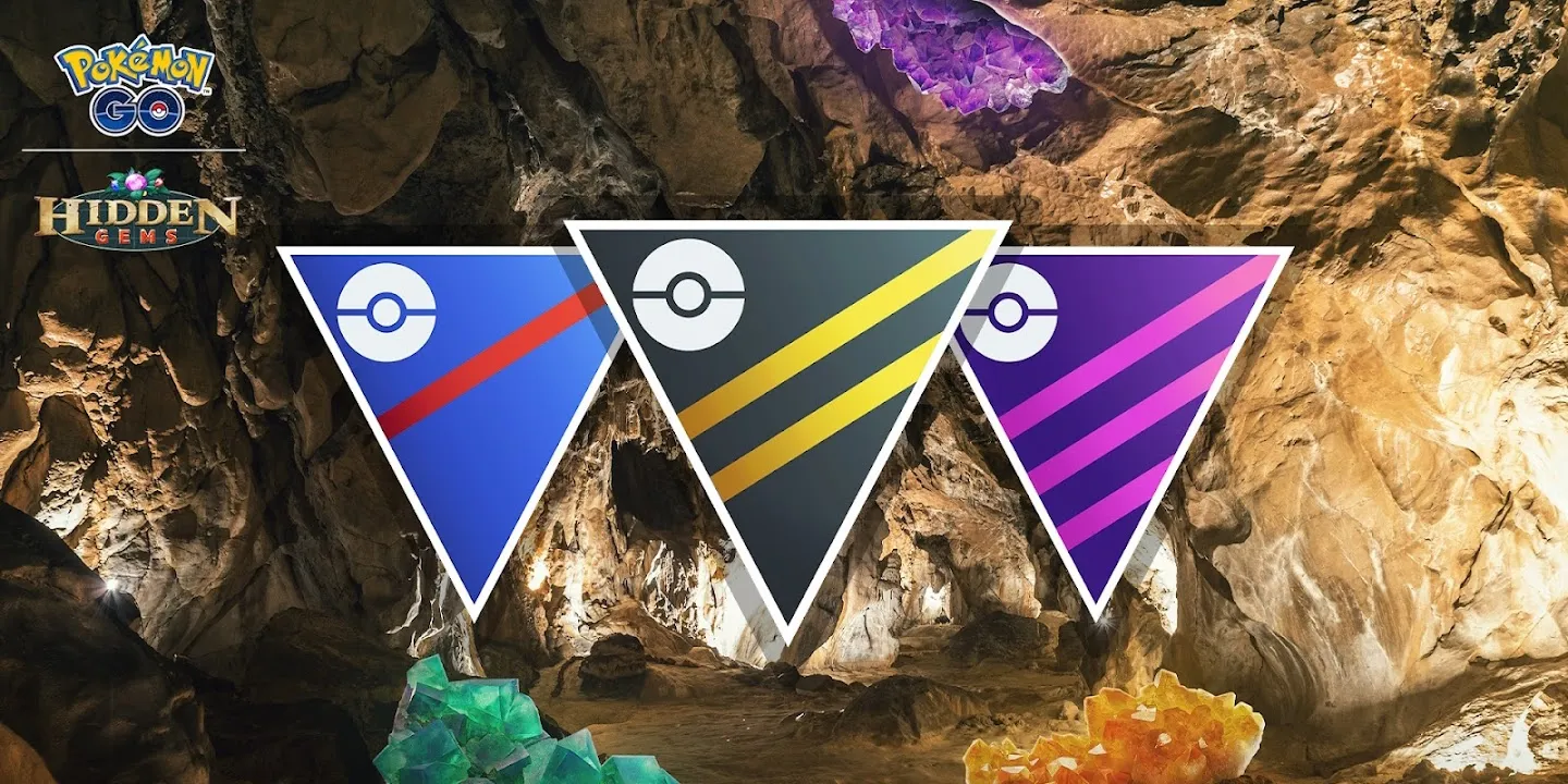 带有山洞背景的Pokemon Go大师联赛徽标、超级联赛徽标和大师联赛徽标