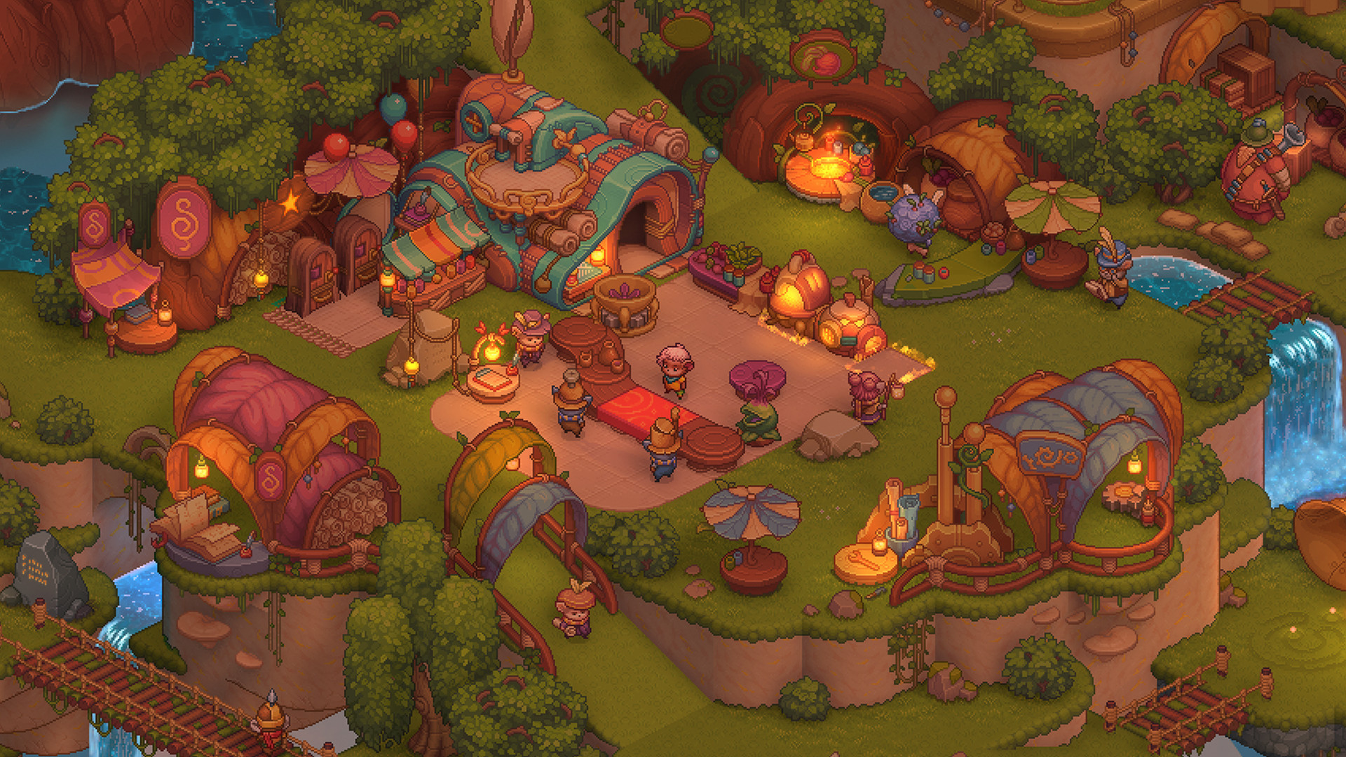 Группа йордлов собирается вокруг стола в середине уютной деревни на изображении из игры Bandle Tale: История из Конфликтов.