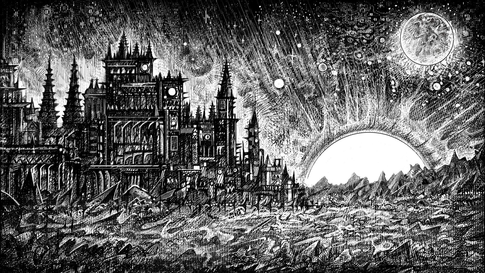 带有尖顶城市的哥特式黑白铅笔风格的《被放逐的地下室》游戏海报，左边有月亮和明亮的太阳，天空中有星星。