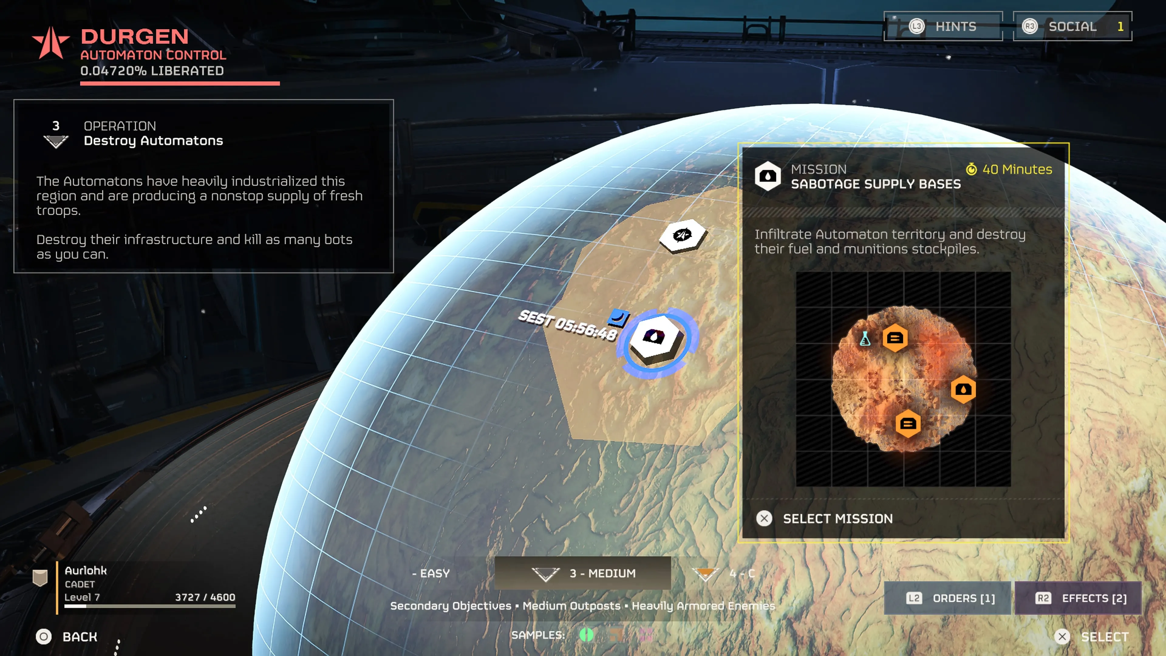 Vista della mappa di una porzione del pianeta Durgen con un ottagono bianco su una zona di missione per il sabotaggio in Helldivers 2.