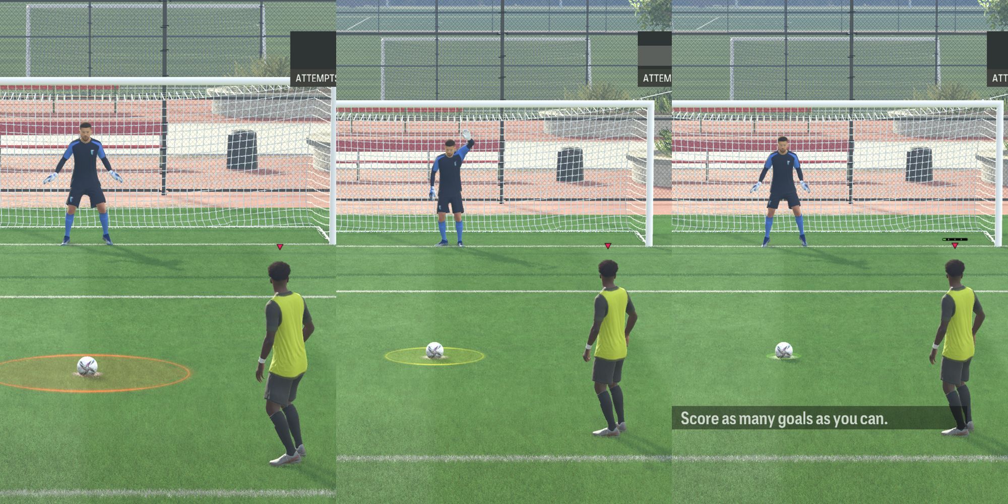 Jugador intentando lanzar un tiro de penalti contra el portero, con tres tamaños diferentes de medidor de precisión.