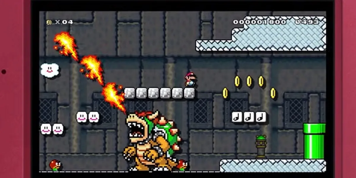 Mario in piedi su un blocco sopra Bowser in Super Mario Maker per 3DS