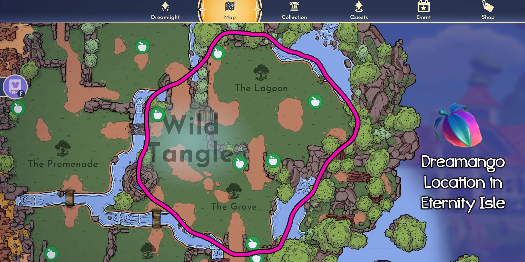 Carte de l'emplacement de Dreamango dans Disney Dreamlight Valley