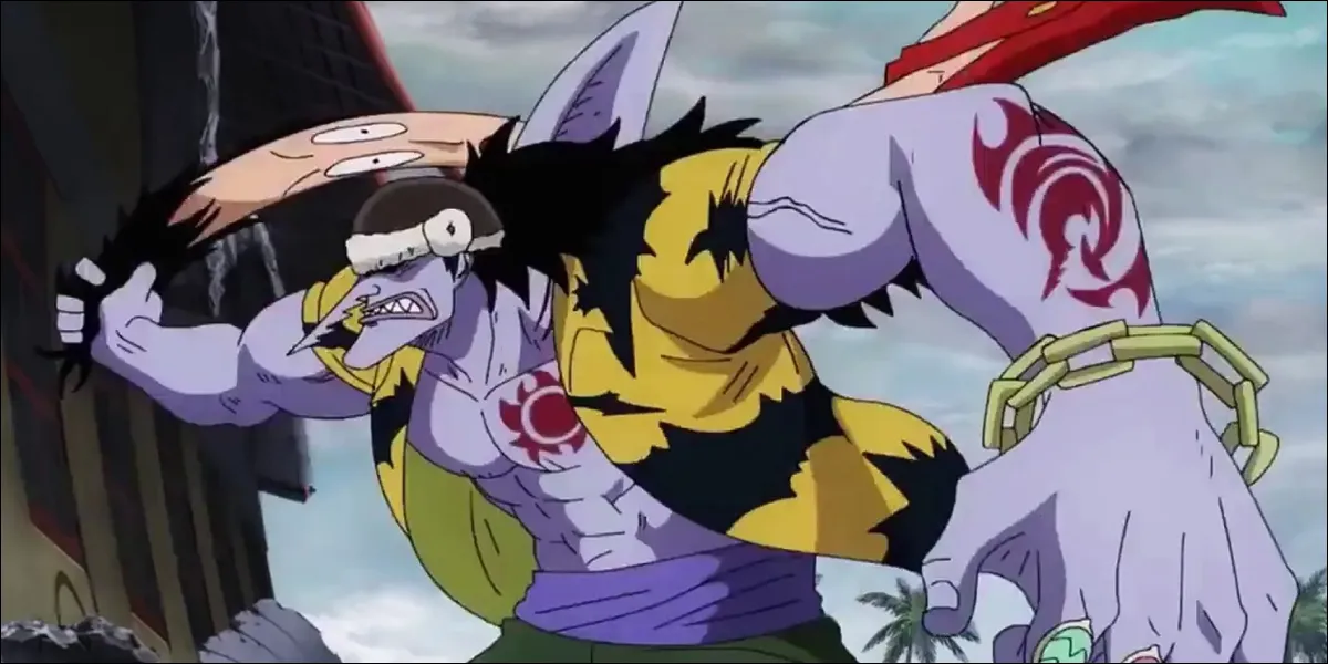 One Piece - Arlong trainant Luffy avec une scie