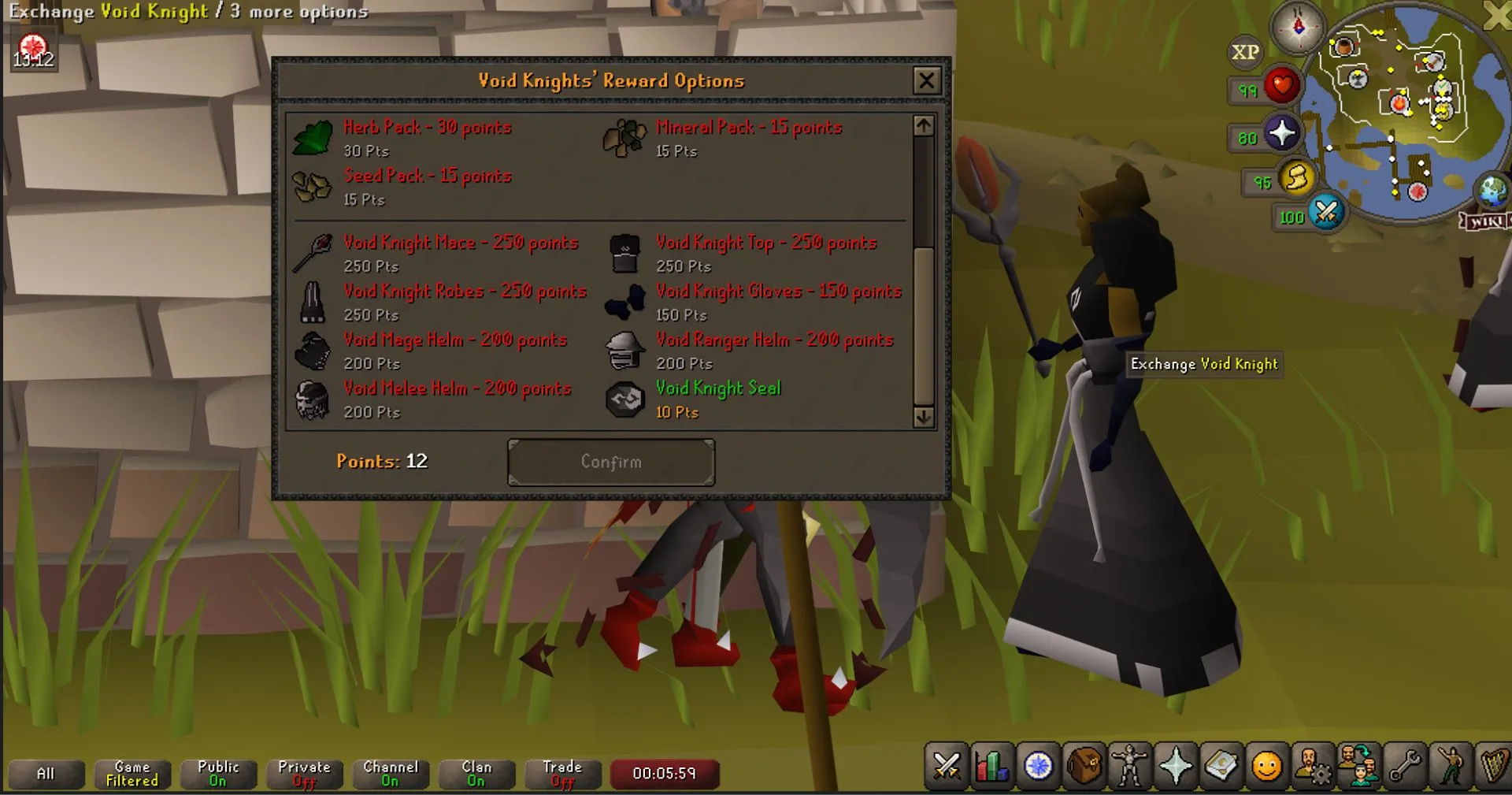 OSRS player viewing the Pest Control Rewards Shop.