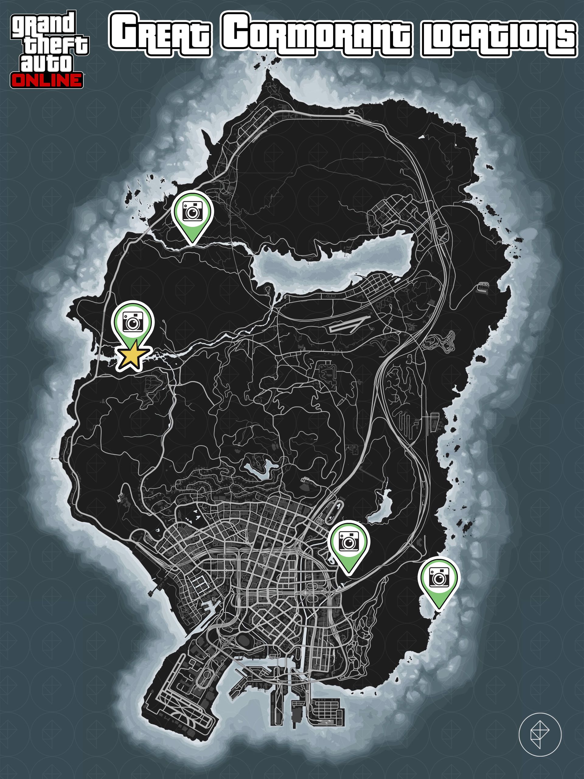 Carte de GTA Online montrant les emplacements des grands cormorans
