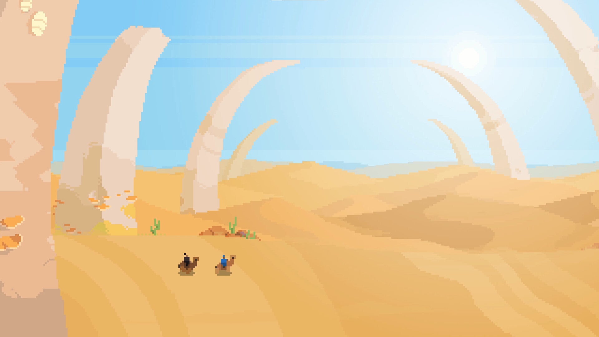 Deux petits cavaliers de chameaux pixelisés traversent un désert ébloui par le soleil, entouré d'énormes ossements.