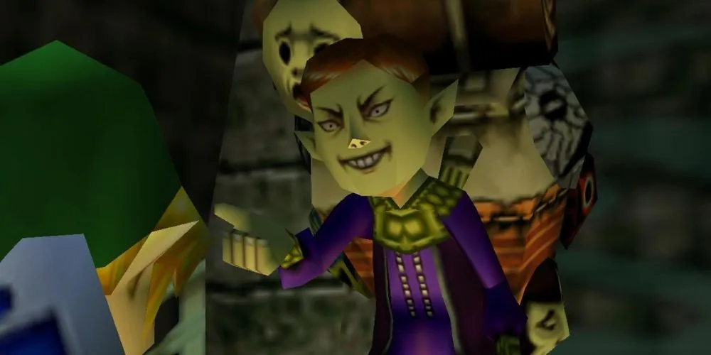 Link hablando con el vendedor de máscaras felices en Zelda: Majora's Mask.