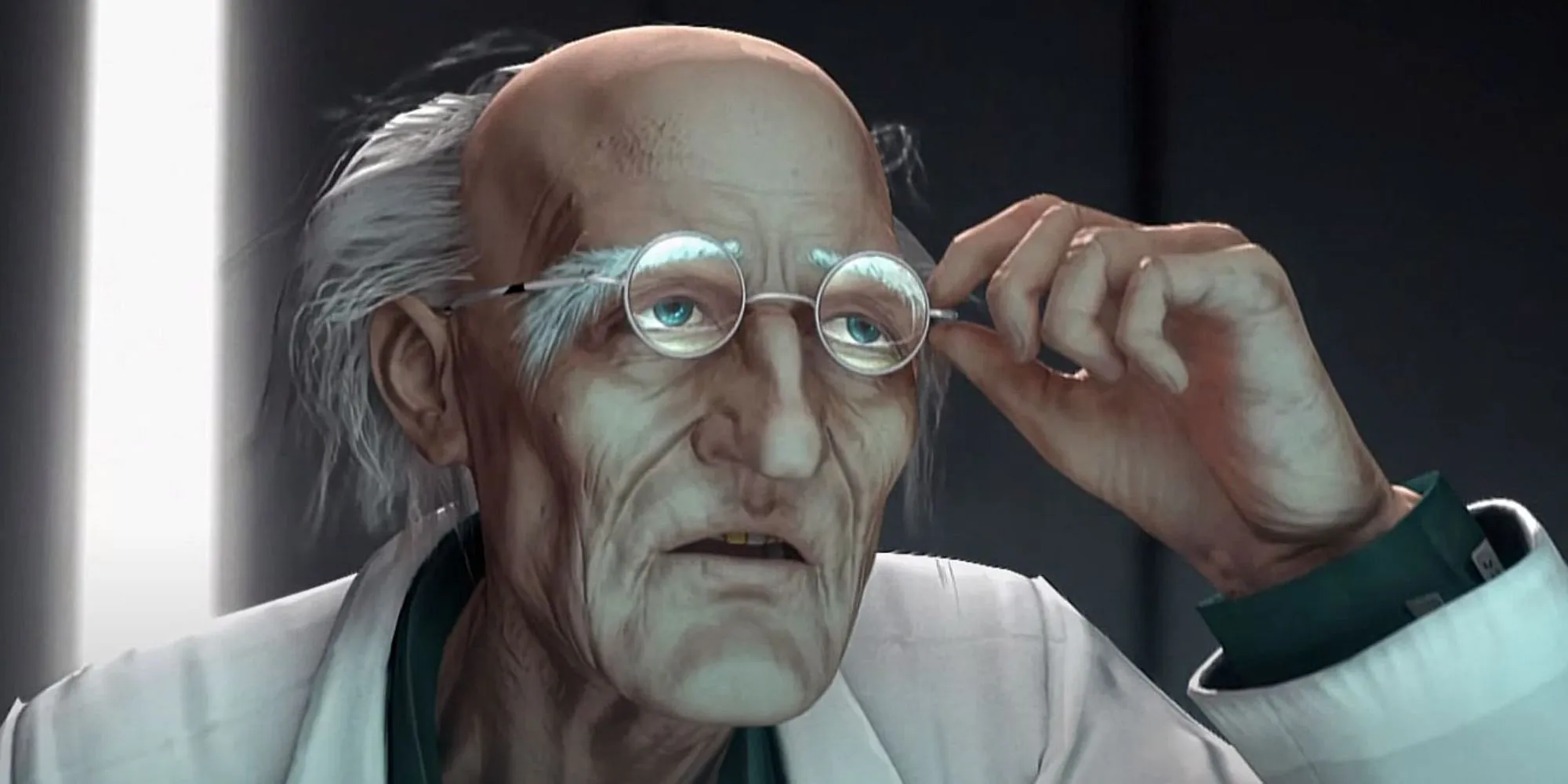 Dr. ボスコノビッチがメガネを持っています