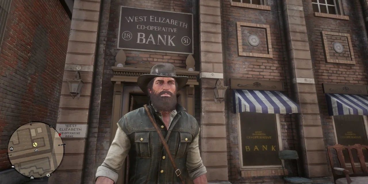 《荒野大镖客2》中的约翰站在银行外的画面