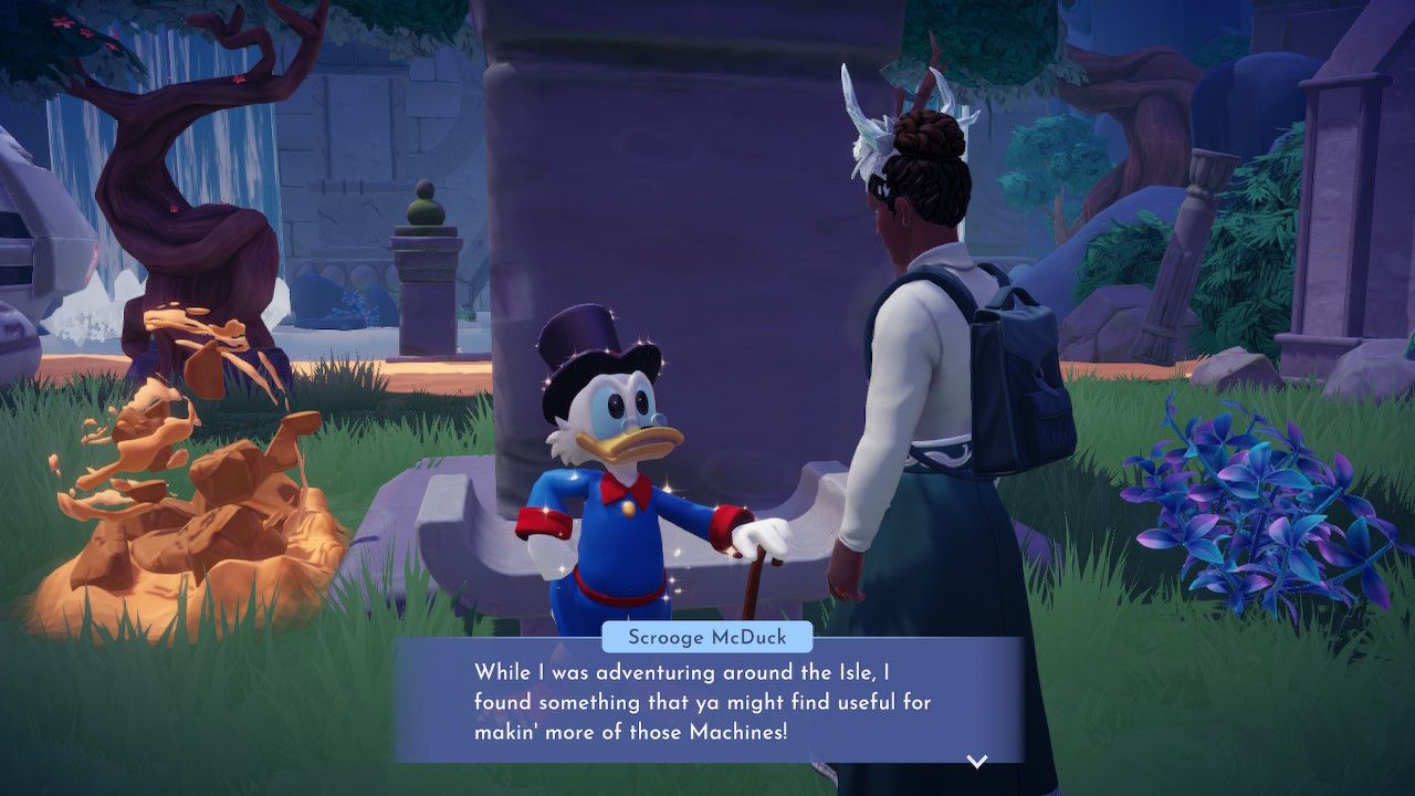 Скрудж награждает игрового персонажа предметом, который он нашел во время приключений на Вечности Айленде в Долине Мечты Disney.