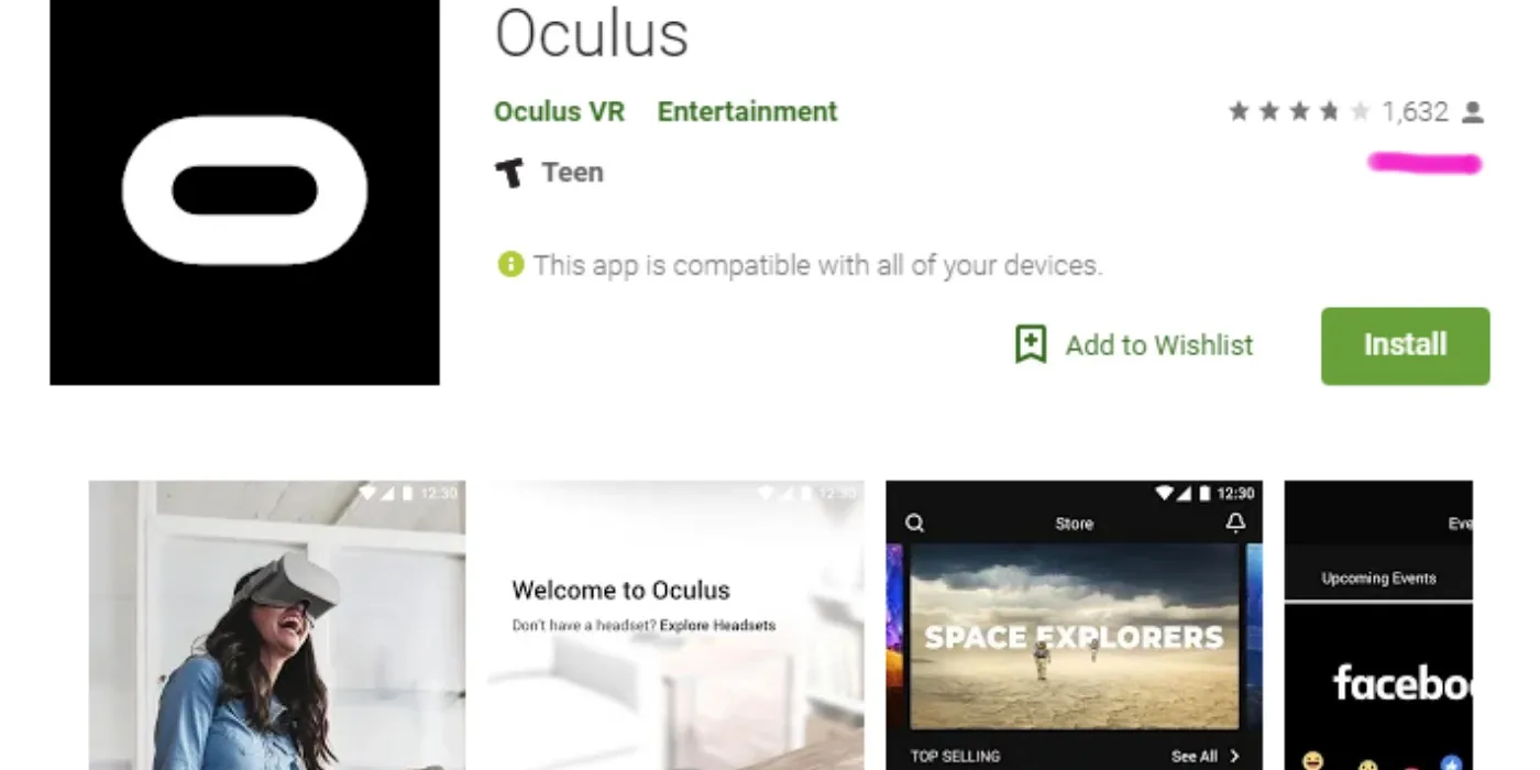 Una captura de pantalla de la aplicación Oculus en la Play Store.