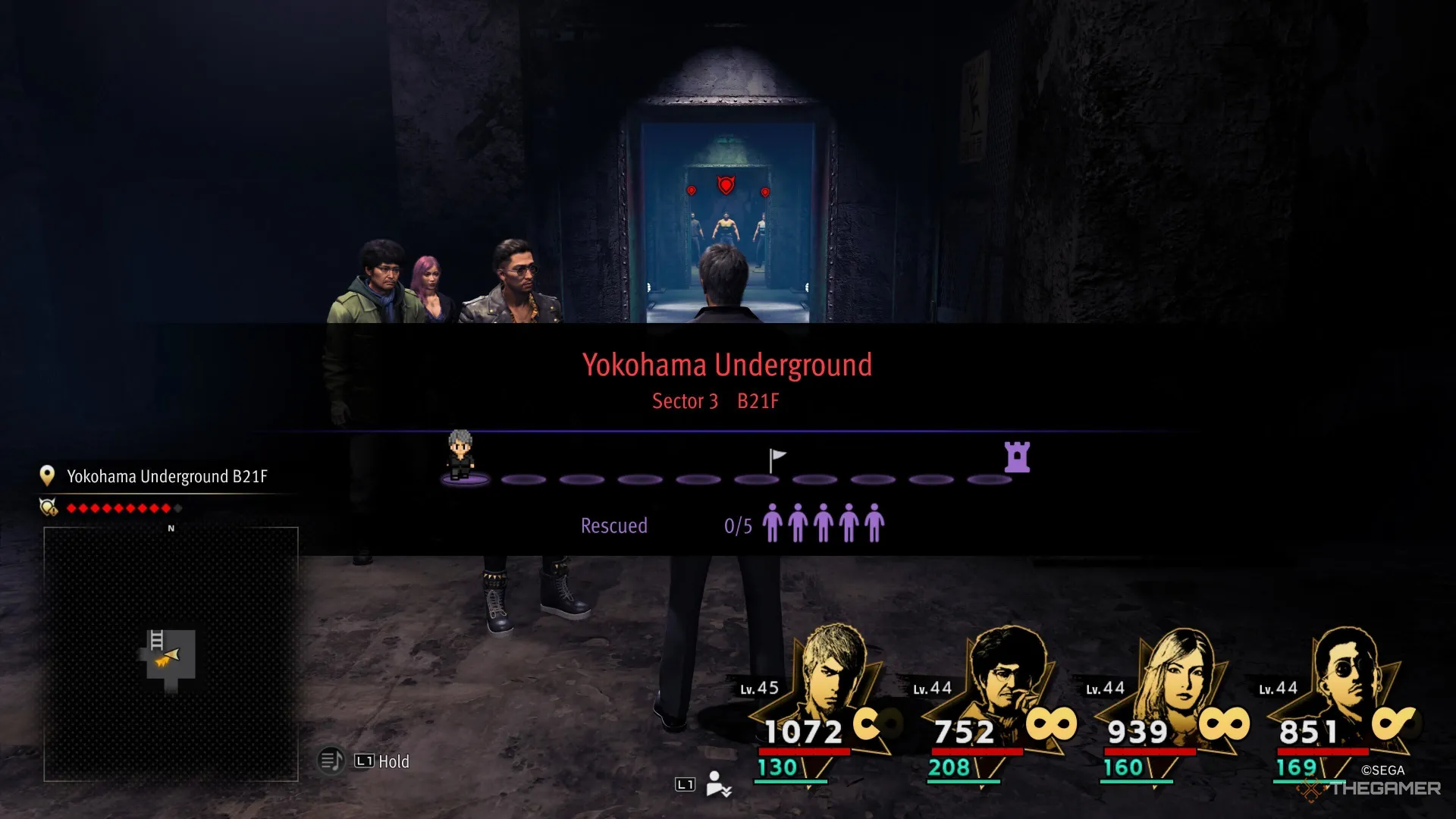 Capture d'écran de Like a Dragon : Infinite Wealth montrant le plan de l'étage au début du secteur 2 de Yokohama Underground, montrant cinq otages à sauver