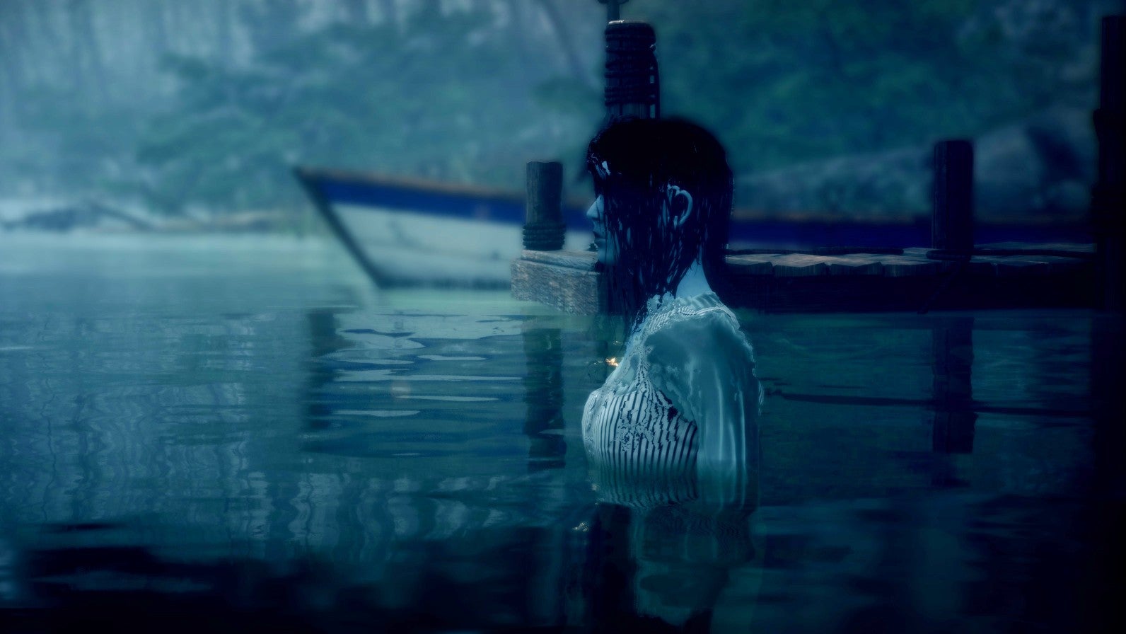 Скриншот из игры Martha is Dead, на котором показана молодая девушка, идущая к озеру