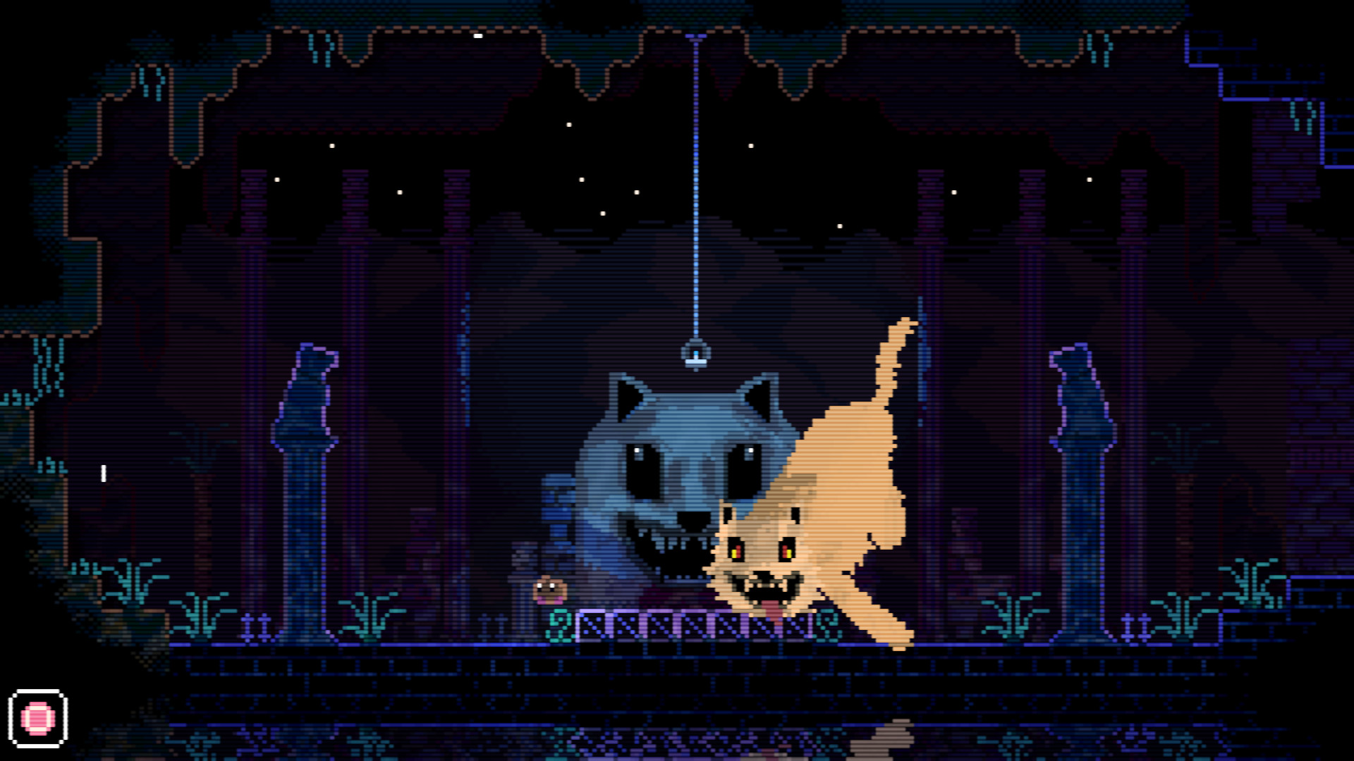 Una schermata pixelata del gioco Animal Well, con un gatto spettrale che appare sulla mappa.