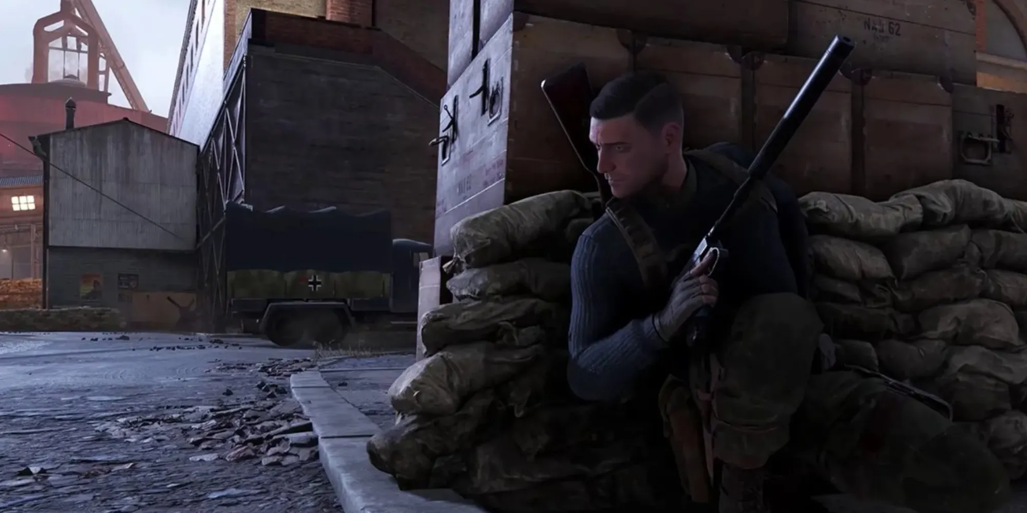Sniper Elite 5 Karl using the shadows with a silenced pistol