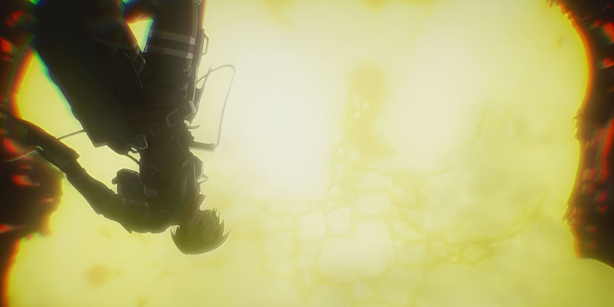 Mikasa utilisant une Lance de Tonnerre contre le Titan Marteau de Guerre