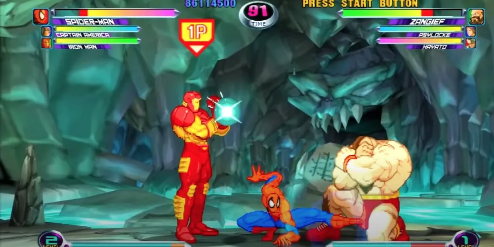 Iron Man, Spider Man, and Zangief fighting in a cave