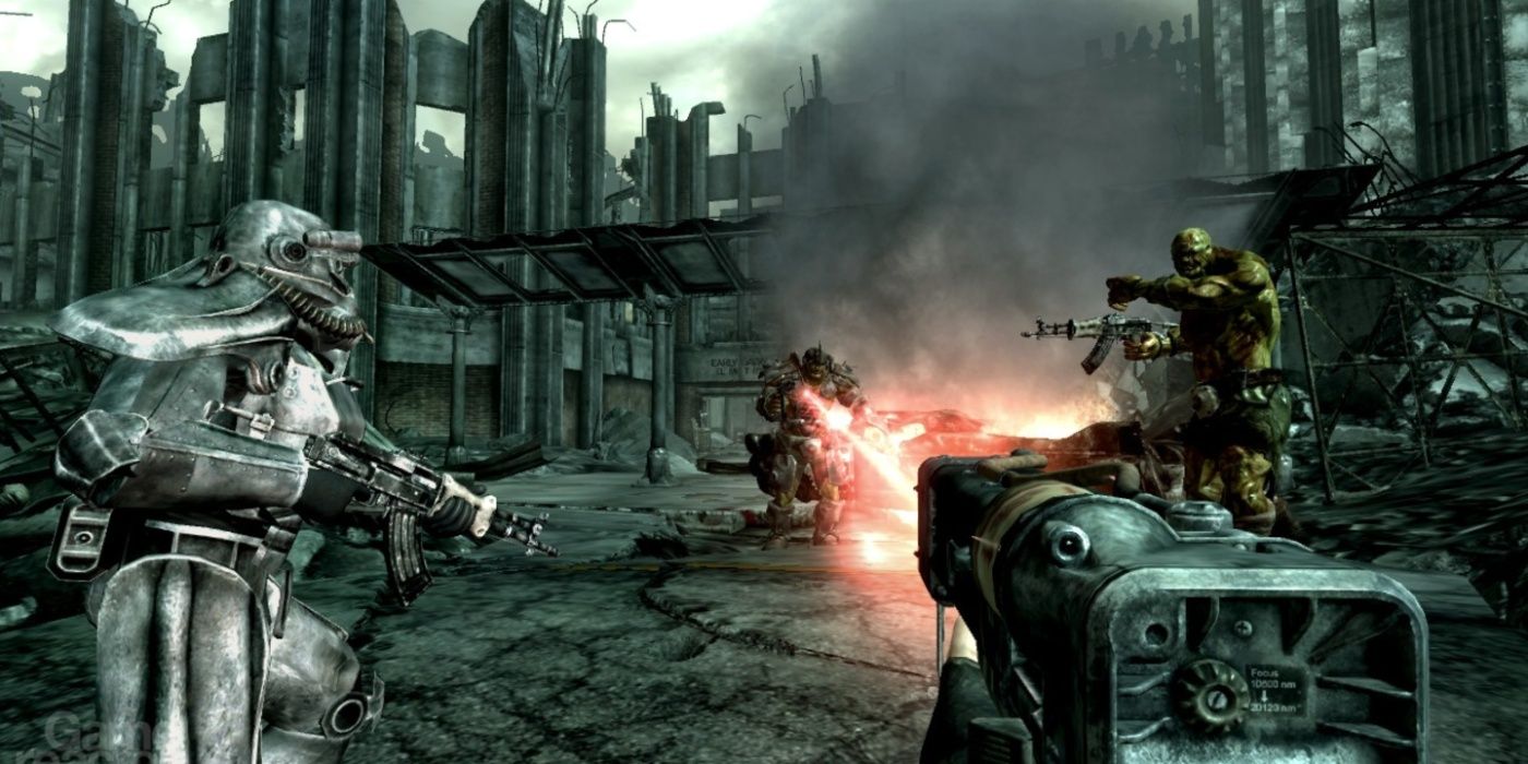 Игрок Fallout 3 стреляющий лазерным пистолетом во врагов