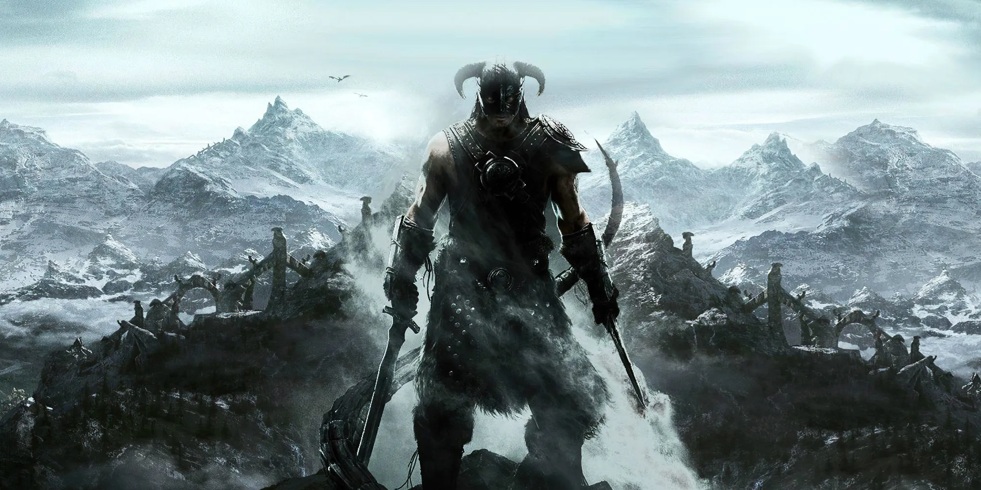 Il protagonista di Skyrim in cima a una montagna