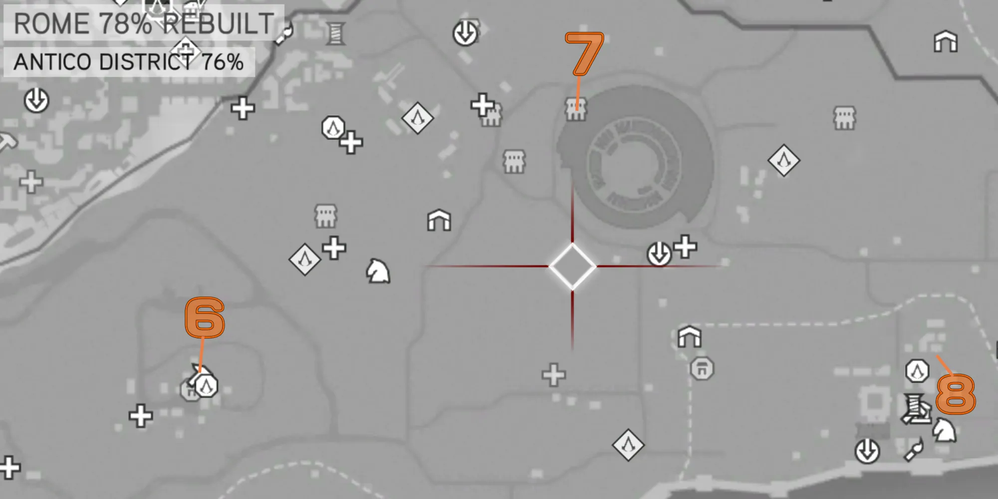 Mappa delle posizioni dei Glifi nel Distretto di Antico di Assassin's Creed Brotherhood